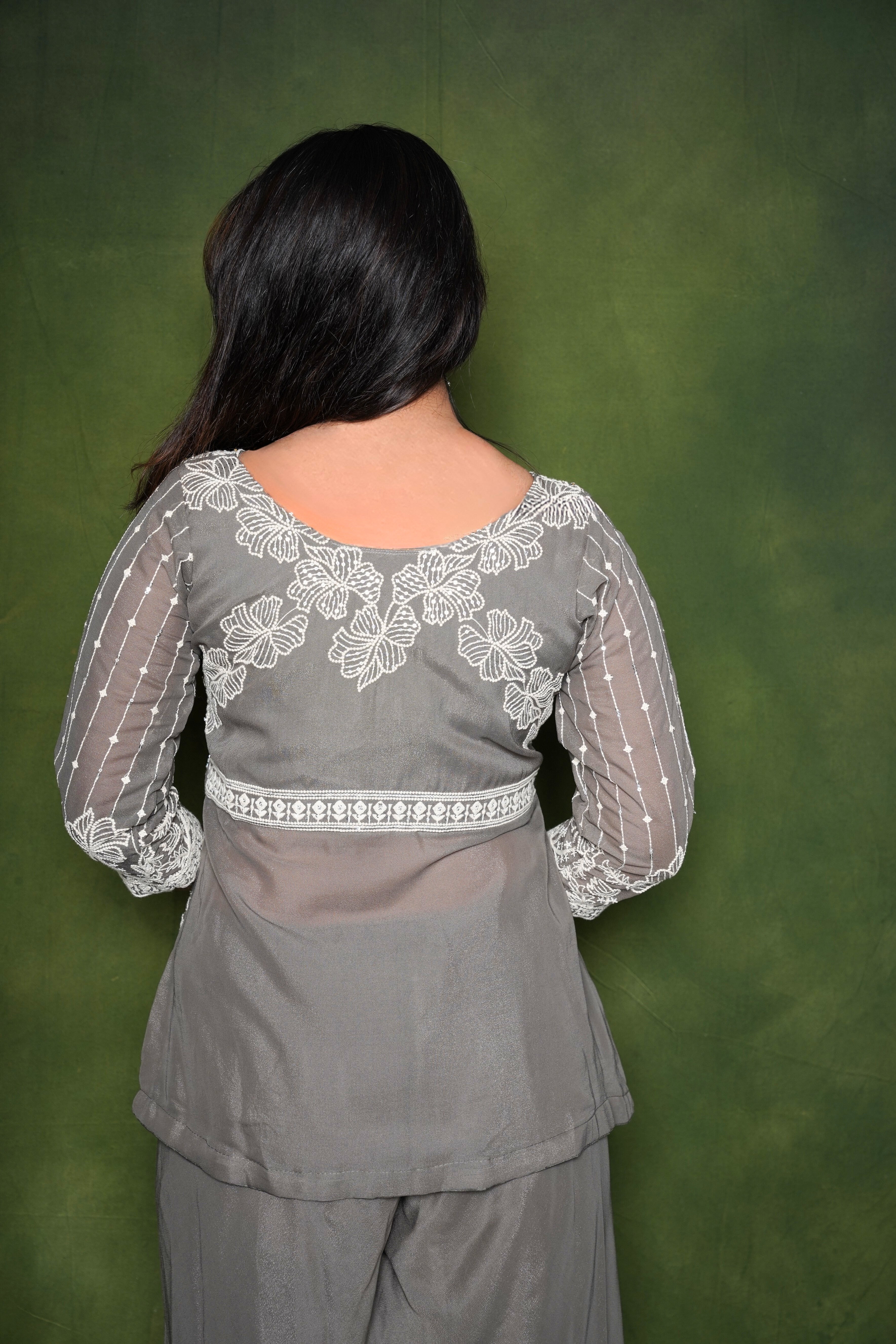 Embroidered Gray Crop Top Palazzo Set RAADVI