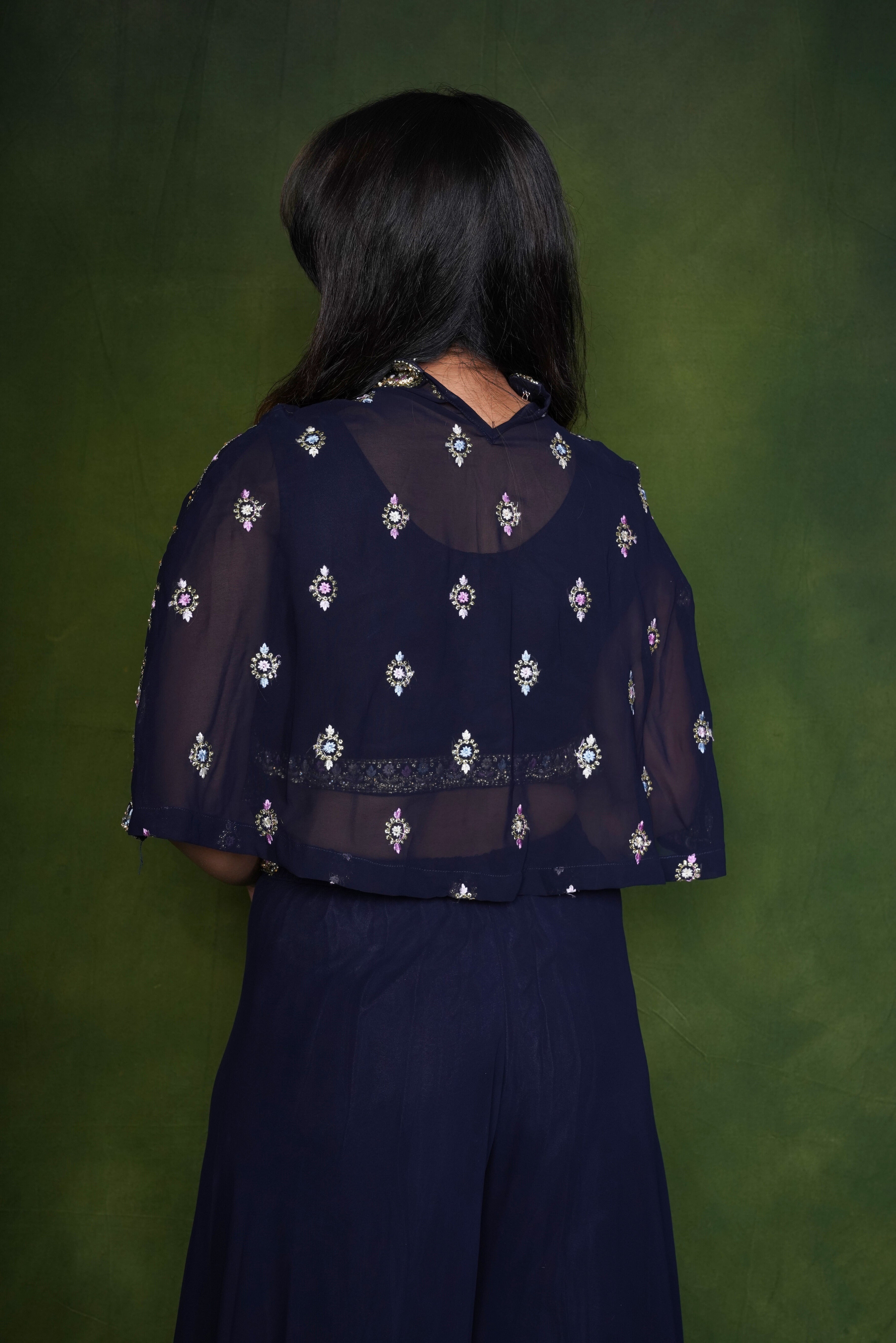 Embellished Navy Blue Crop Top Palazzo Set RAADVI