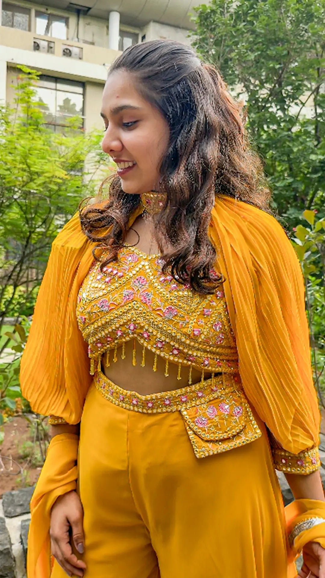 Embellished Yellow Crop Top Palazzo Set RAADVI