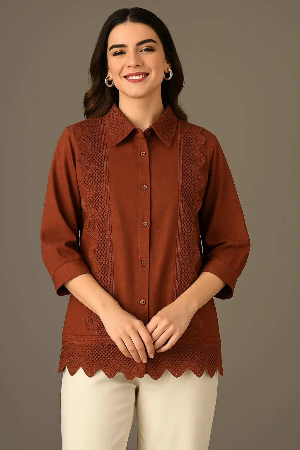 Rust Lace work Cotton Shirt RAADVI
