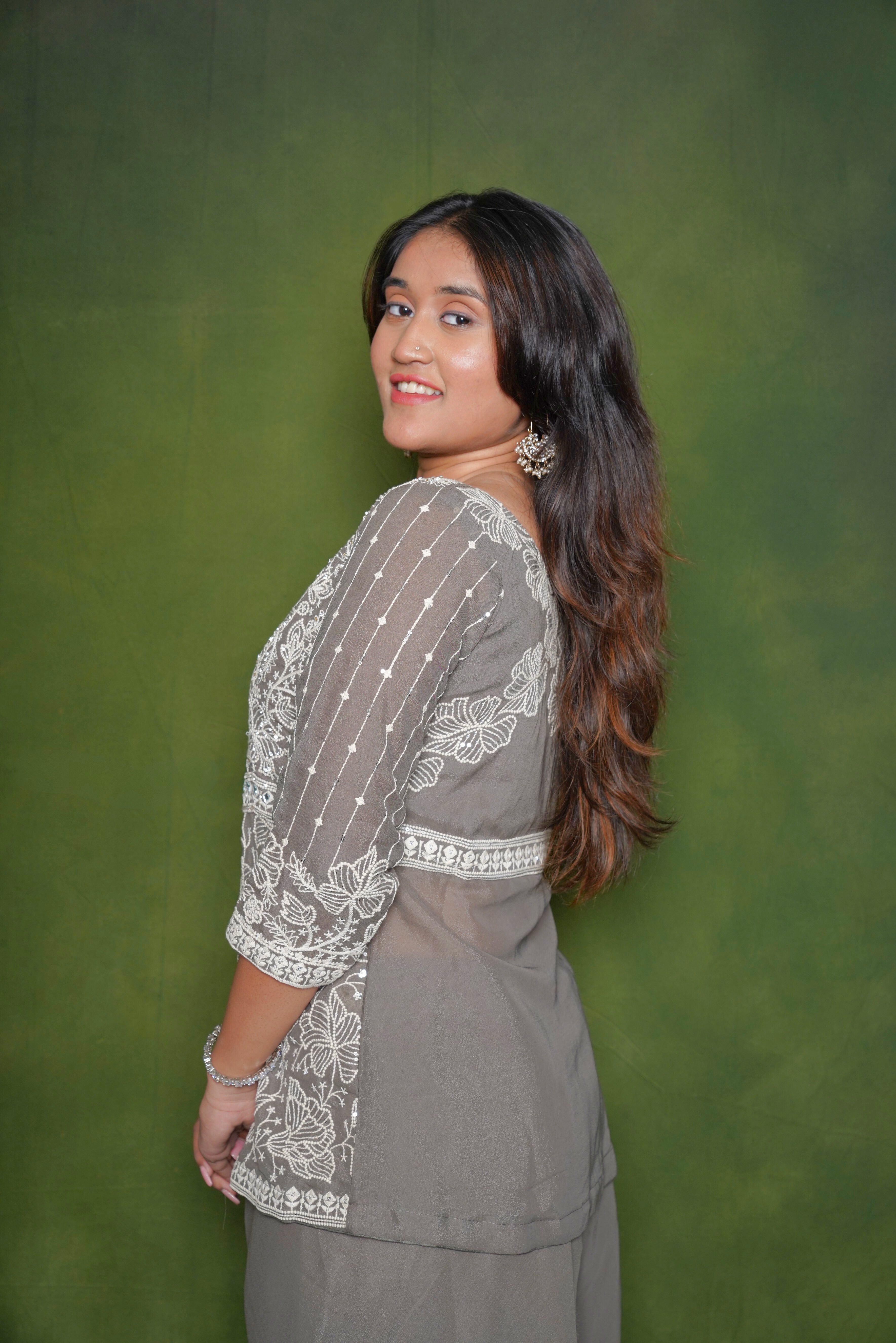 Embroidered Gray Crop Top Palazzo Set RAADVI