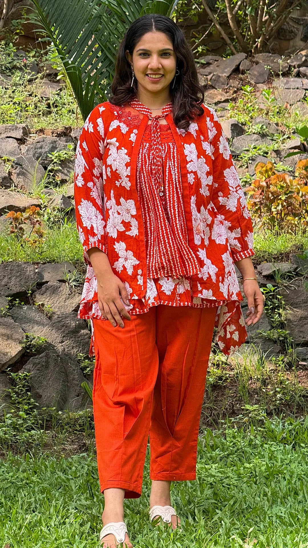 3 Piece Orange Printed Cotton Co-Ord Set RAADVI