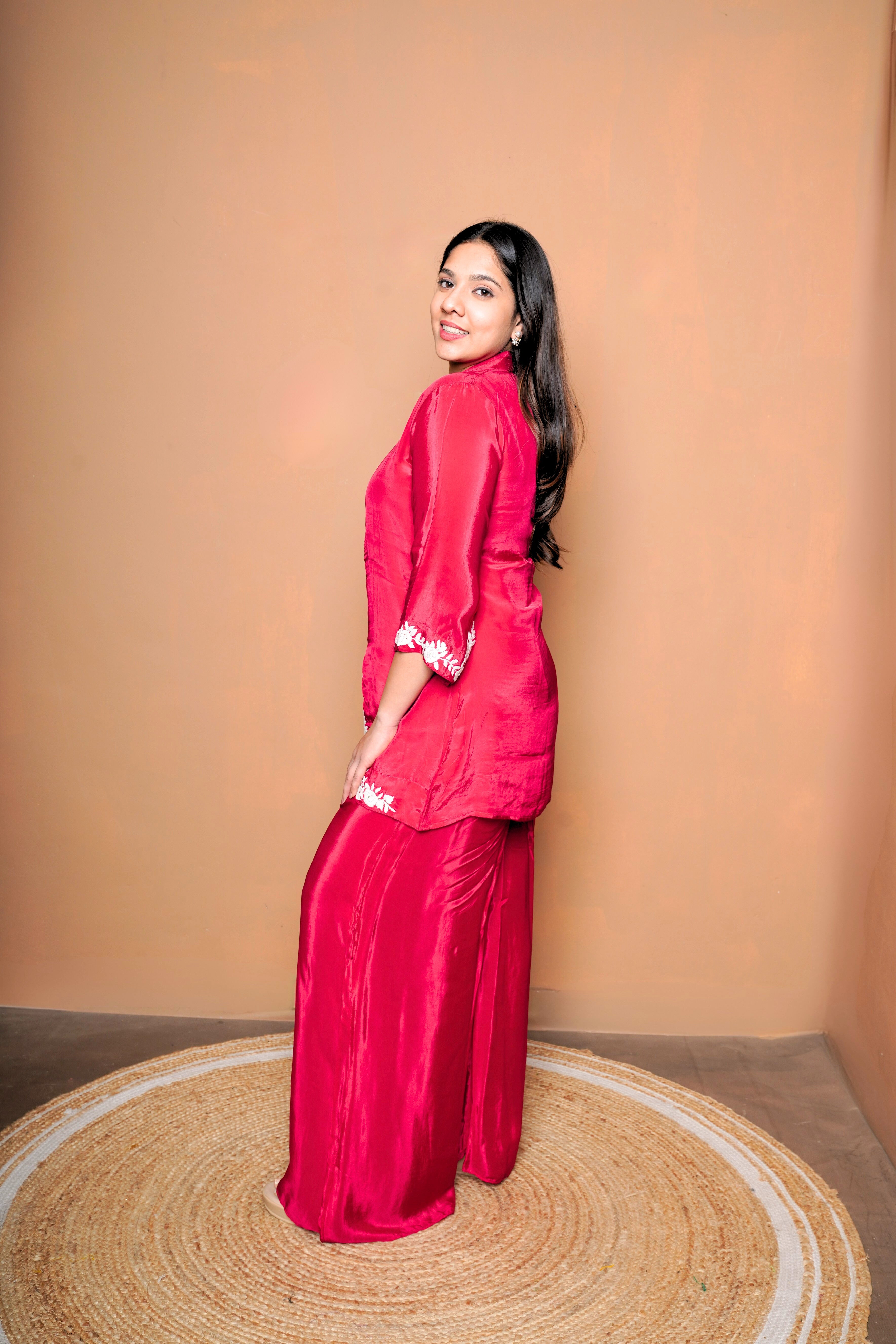 Embroidered Red Pure Chinnon Co-Ord Set RAADVI