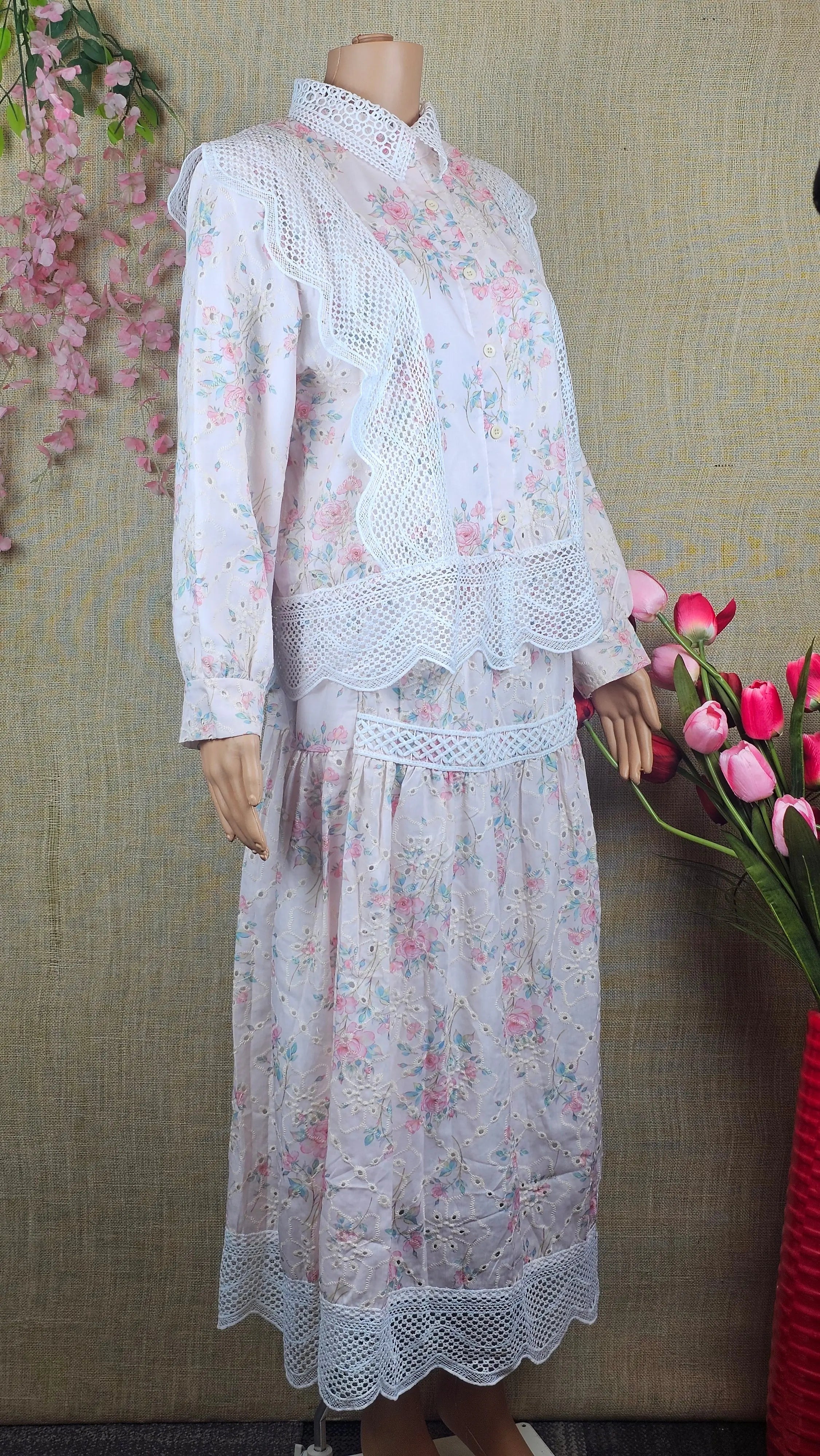 Baby Pink Vintage Inspired Floral Lace Midi Dress RAADVI
