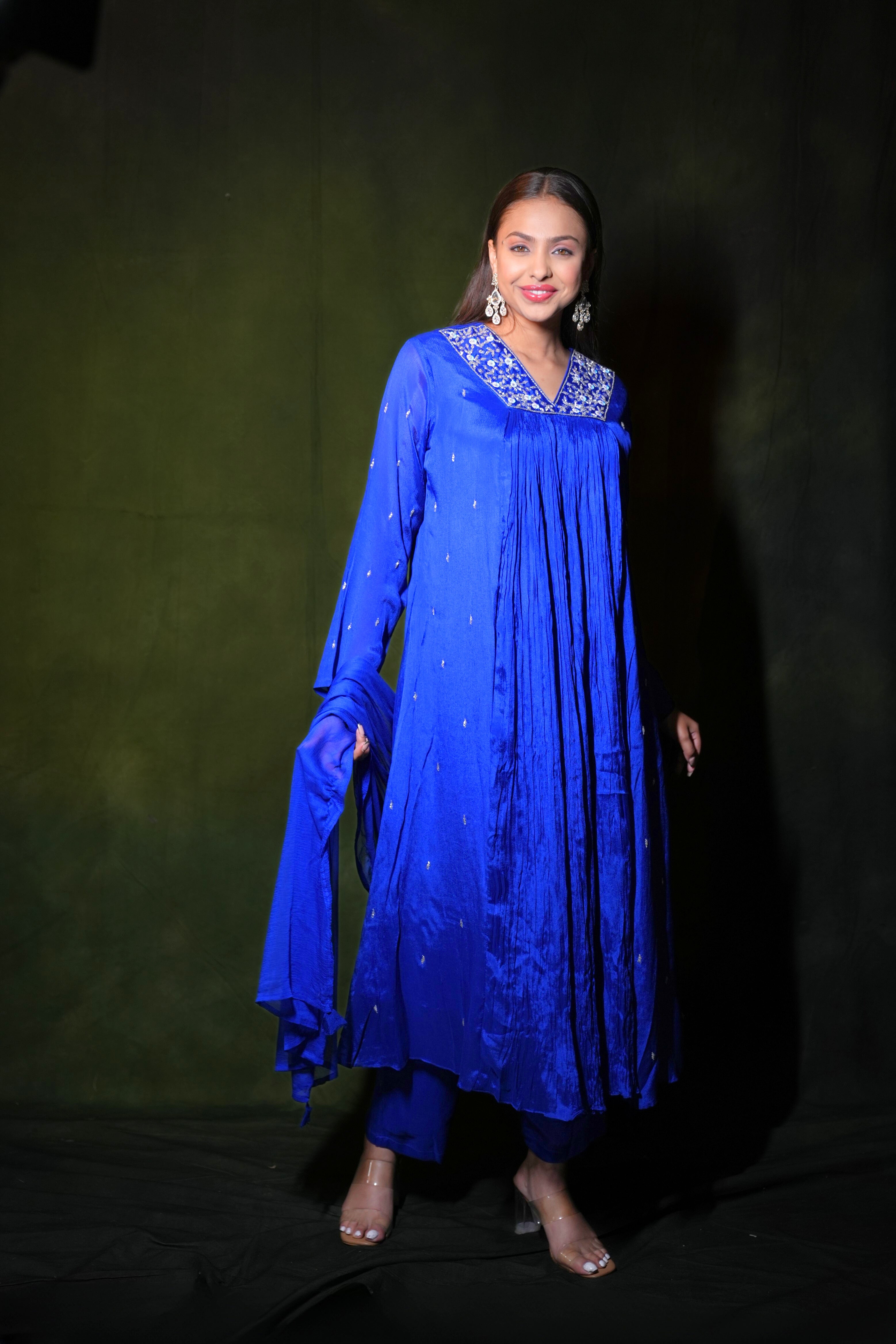 Embellished Pure Georgette Royal Blue Suit RAADVI
