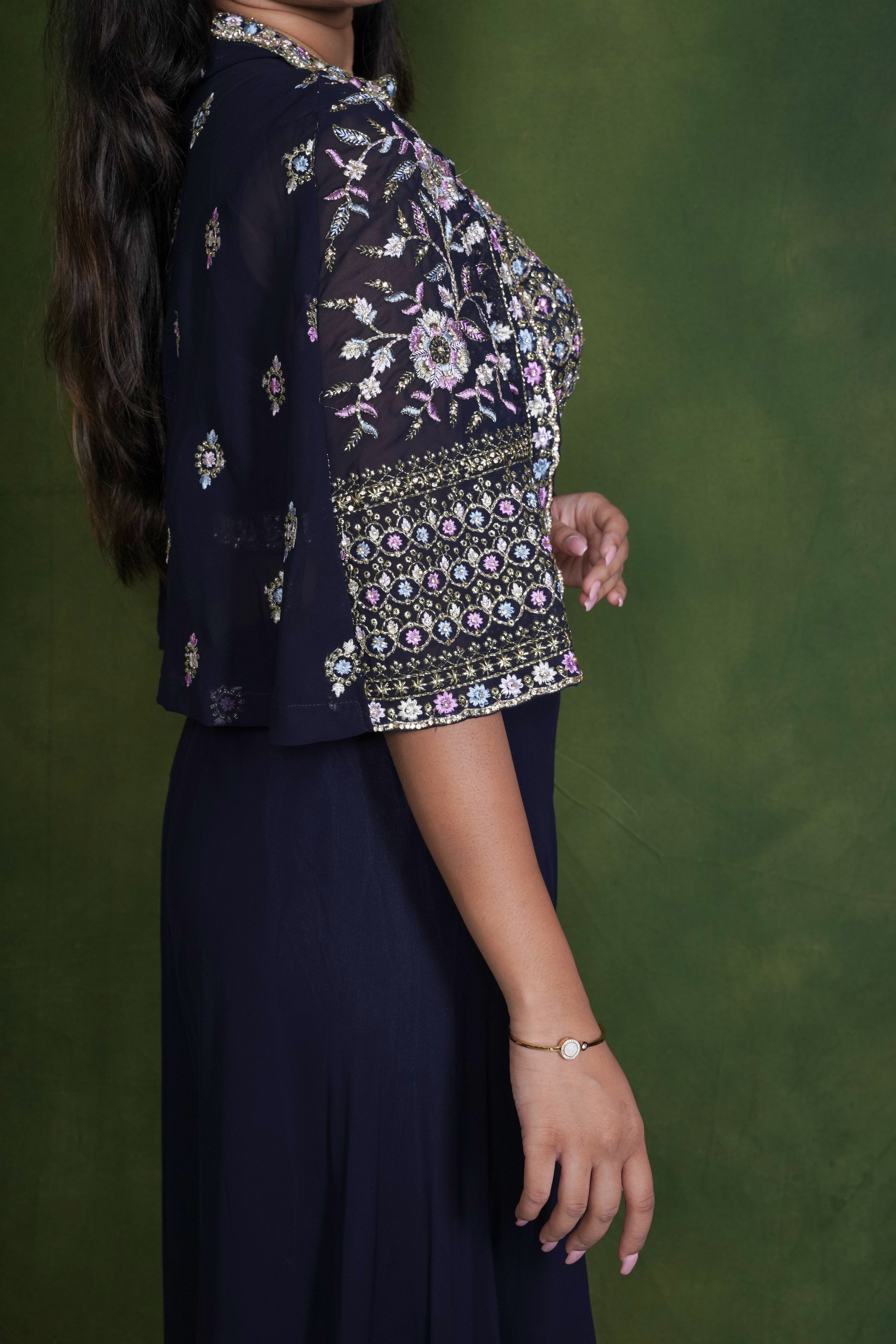 Embellished Navy Blue Crop Top Palazzo Set RAADVI