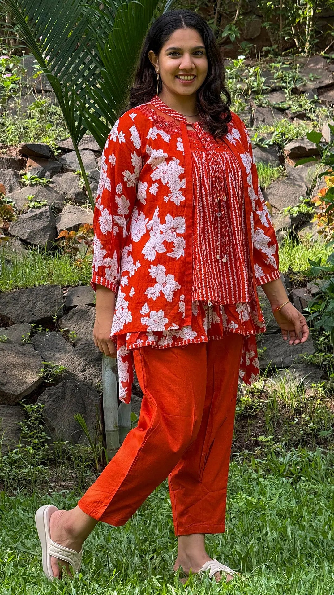 3 Piece Orange Printed Cotton Co-Ord Set RAADVI