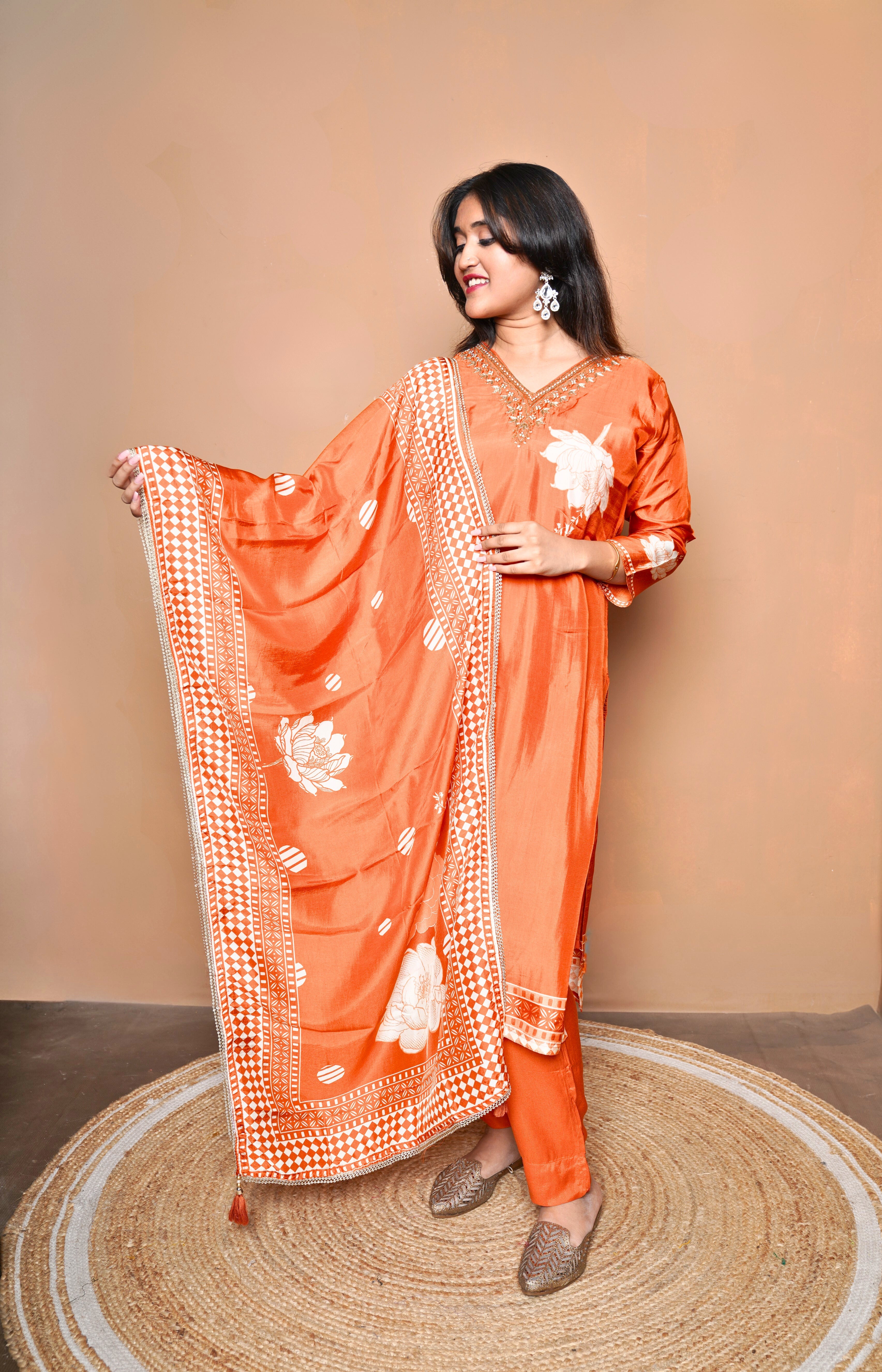 Orange Pure Russian Silk Hand Embroidery Suit RAADVI