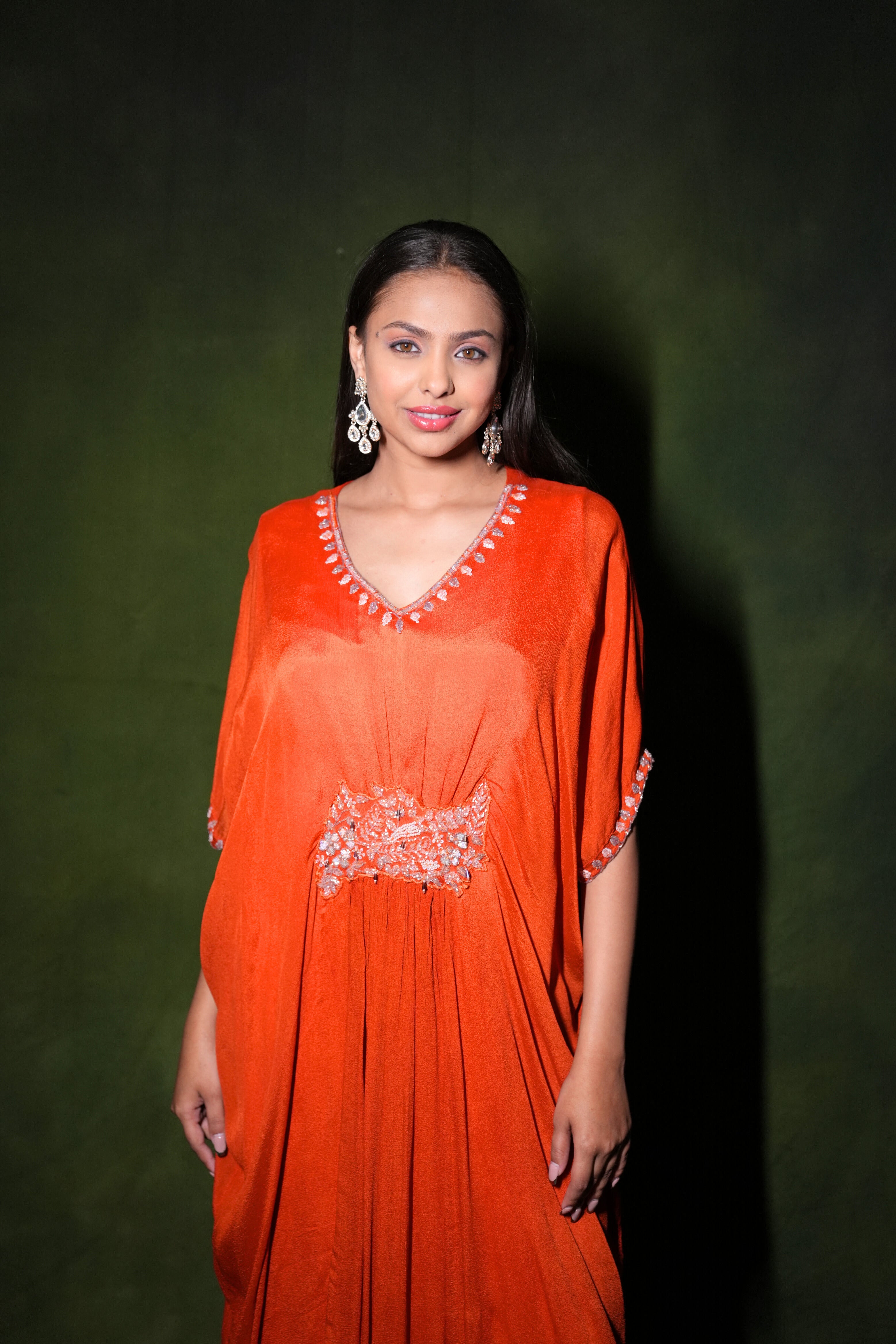 Orange Embellished Pure Chiffon Kaftan Dress RAADVI
