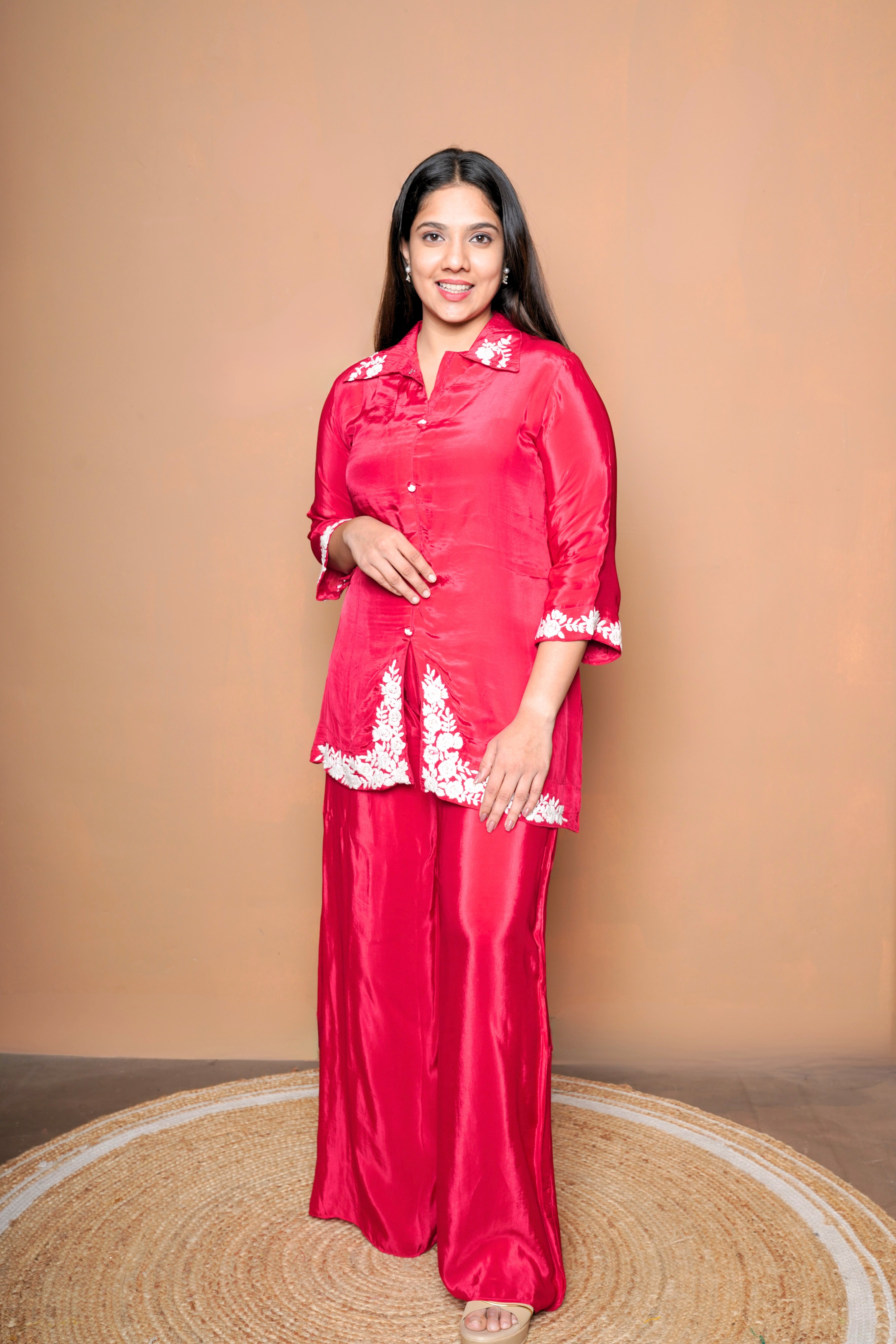 Embroidered Red Pure Chinnon Co-Ord Set RAADVI