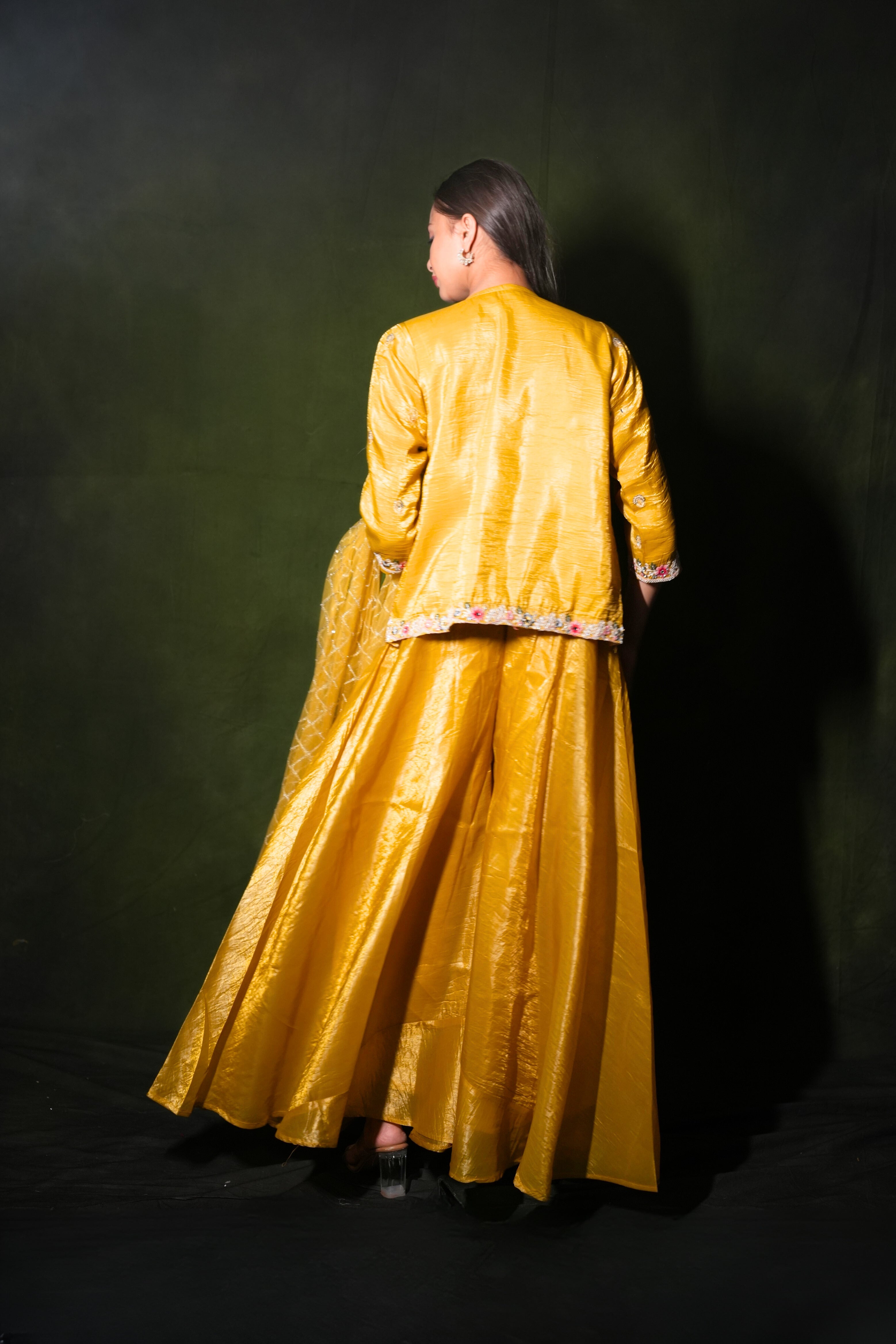 Embellished Yellow Roman Silk Crop Top Palazzo Set RAADVI