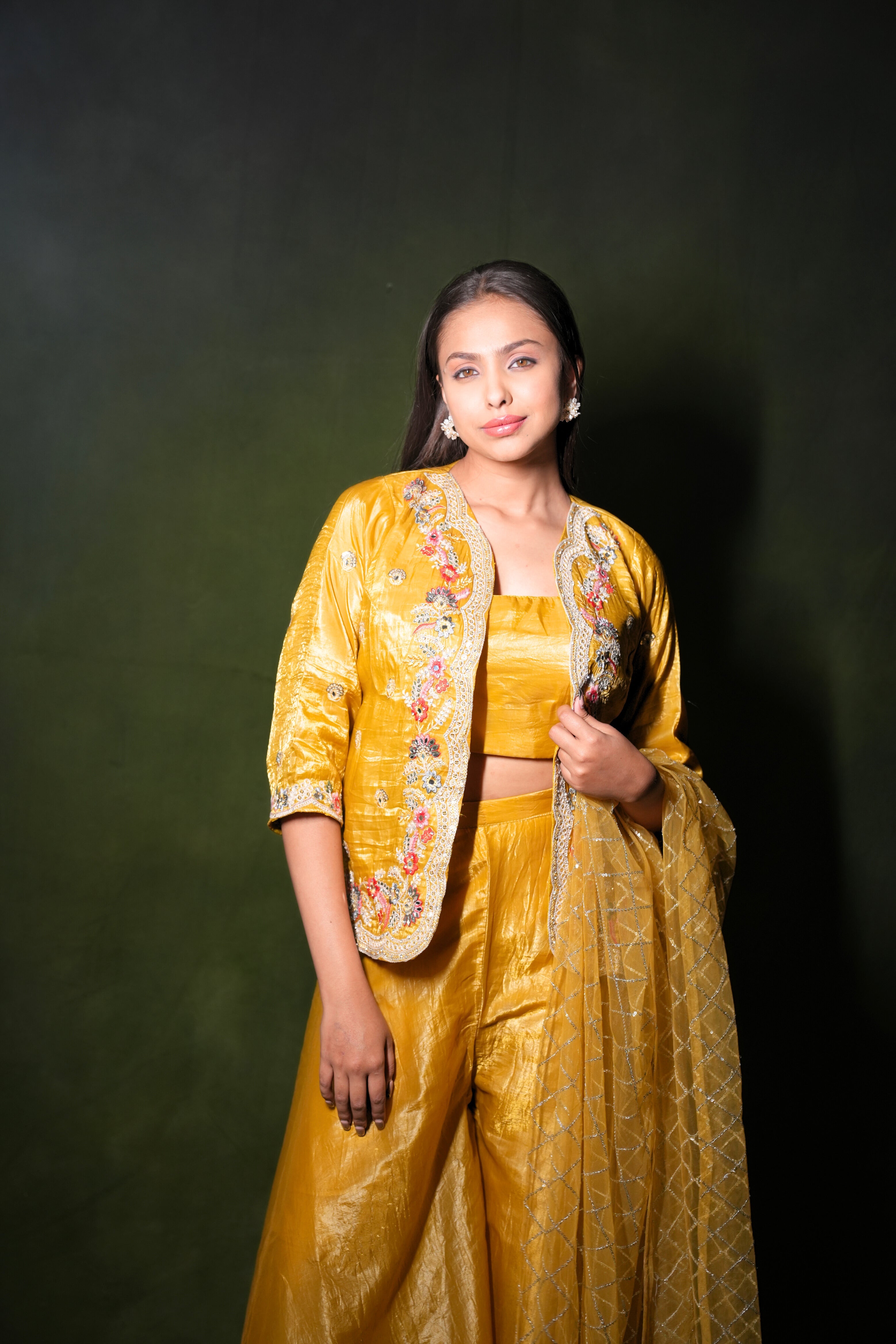 Embellished Yellow Roman Silk Crop Top Palazzo Set RAADVI