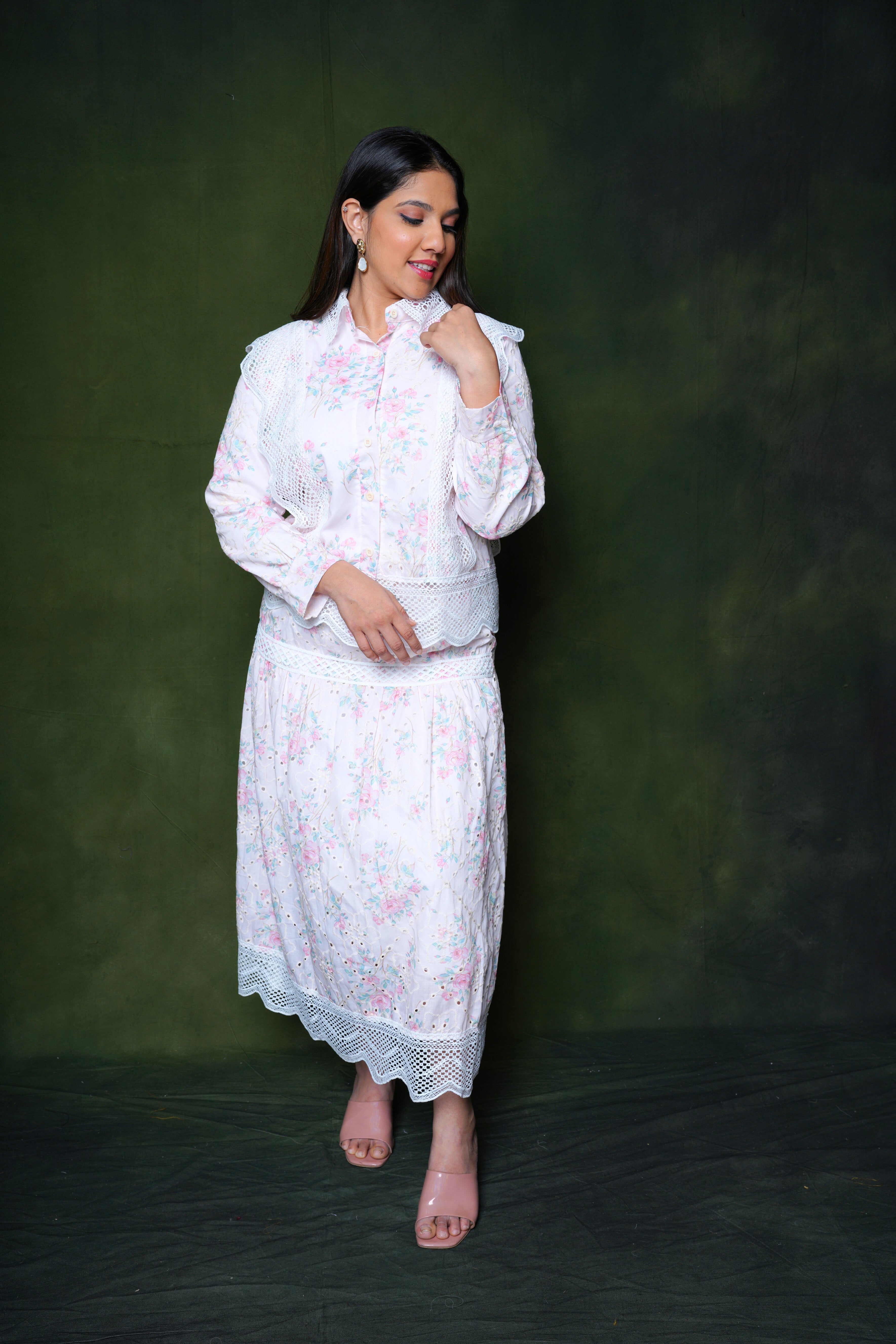 Baby Pink Vintage Inspired Floral Lace Midi Dress RAADVI