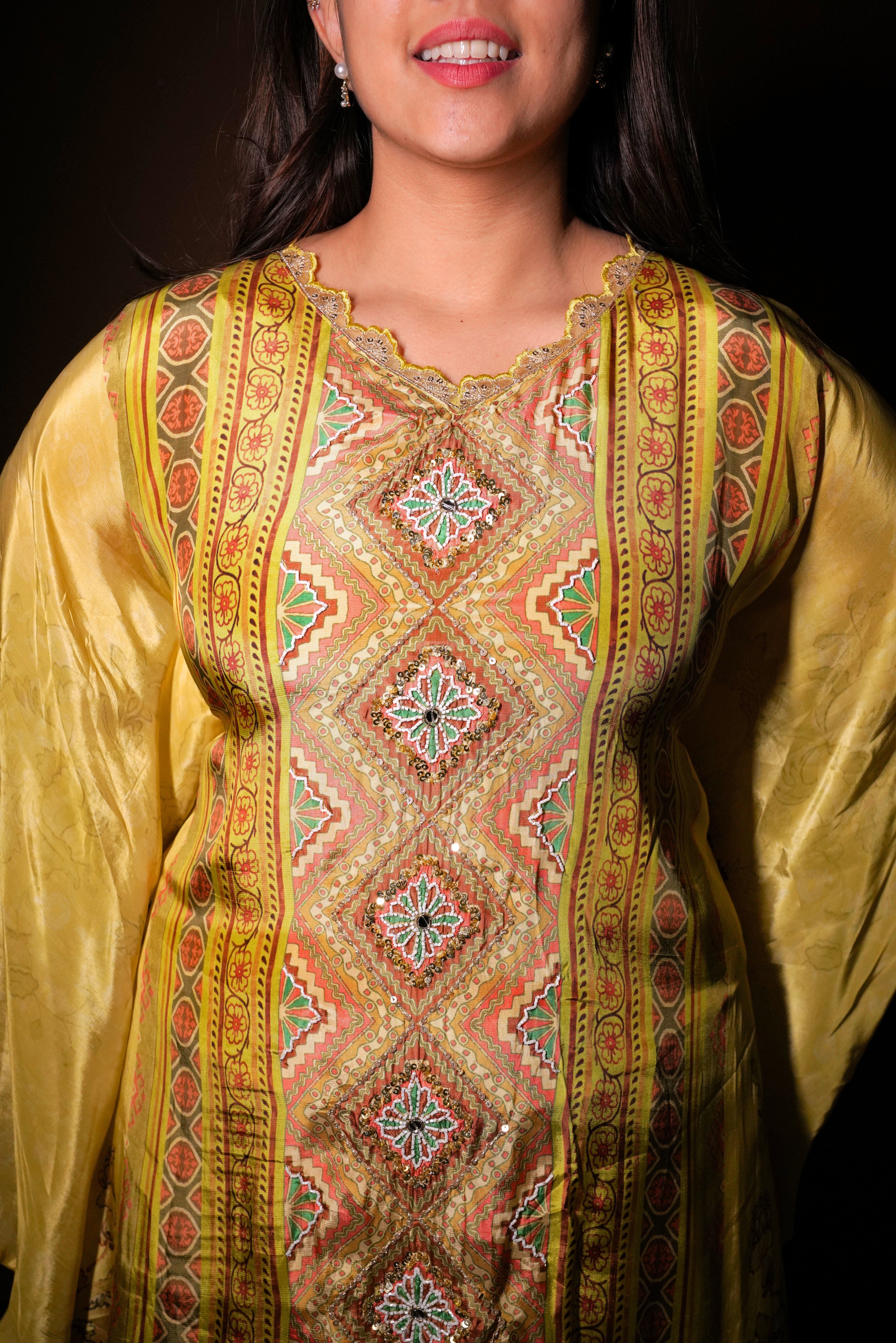 Digital Print Green Pure Crepe Kaftan Palazzo Set RAADVI