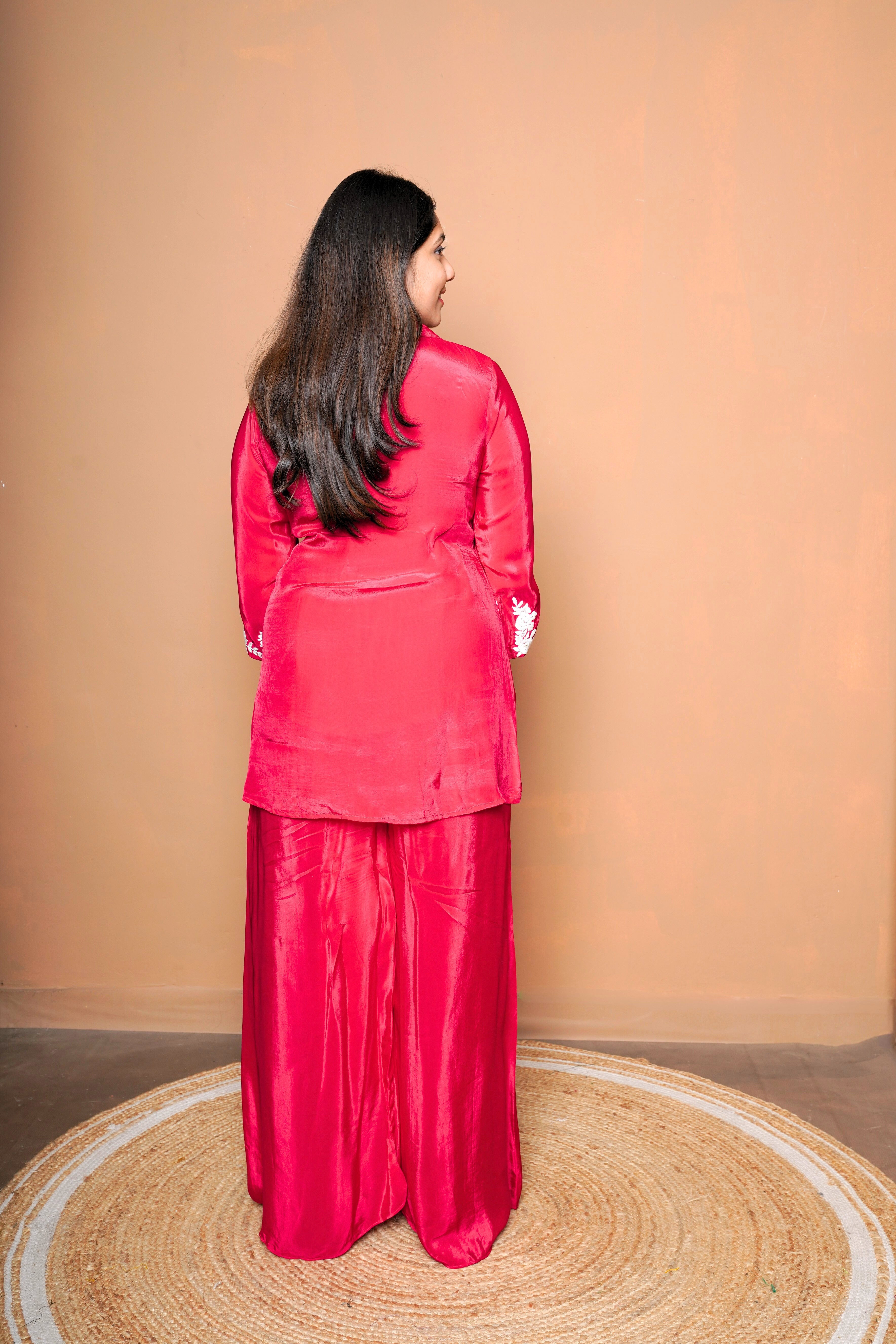 Embroidered Red Pure Chinnon Co-Ord Set RAADVI