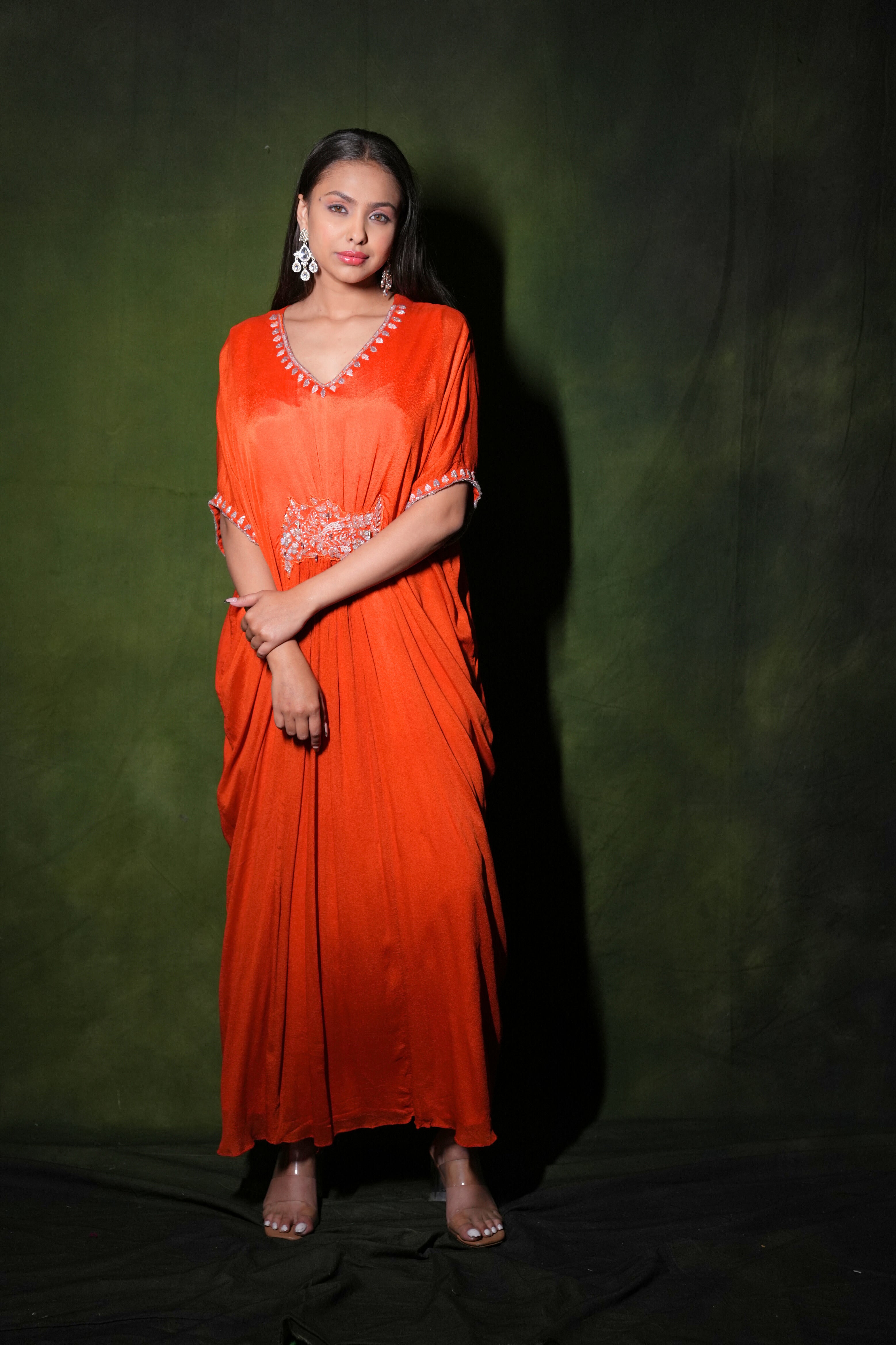Orange Embellished Pure Chiffon Kaftan Dress RAADVI