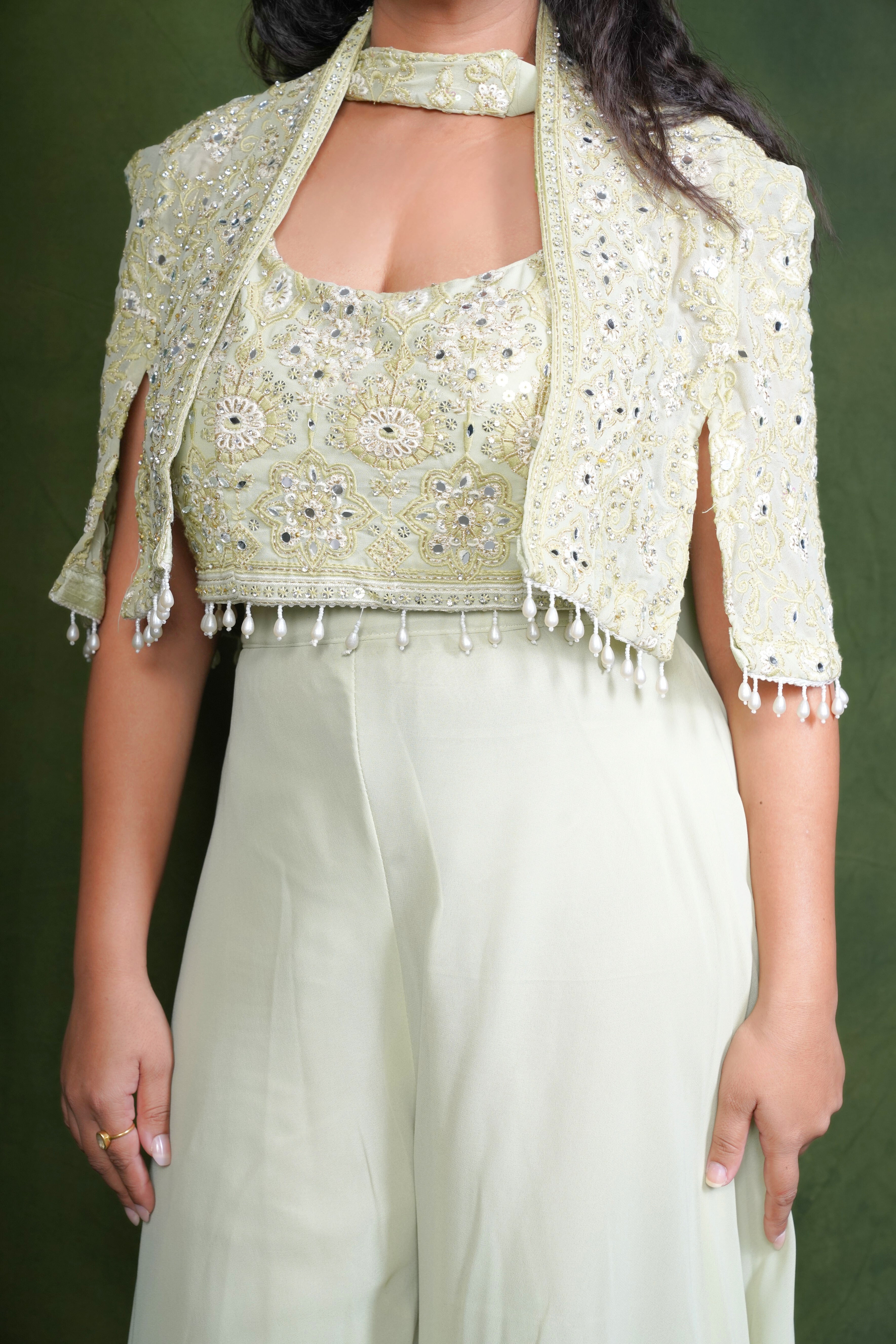 Embellished Light Green Crop Top Palazzo Set RAADVI