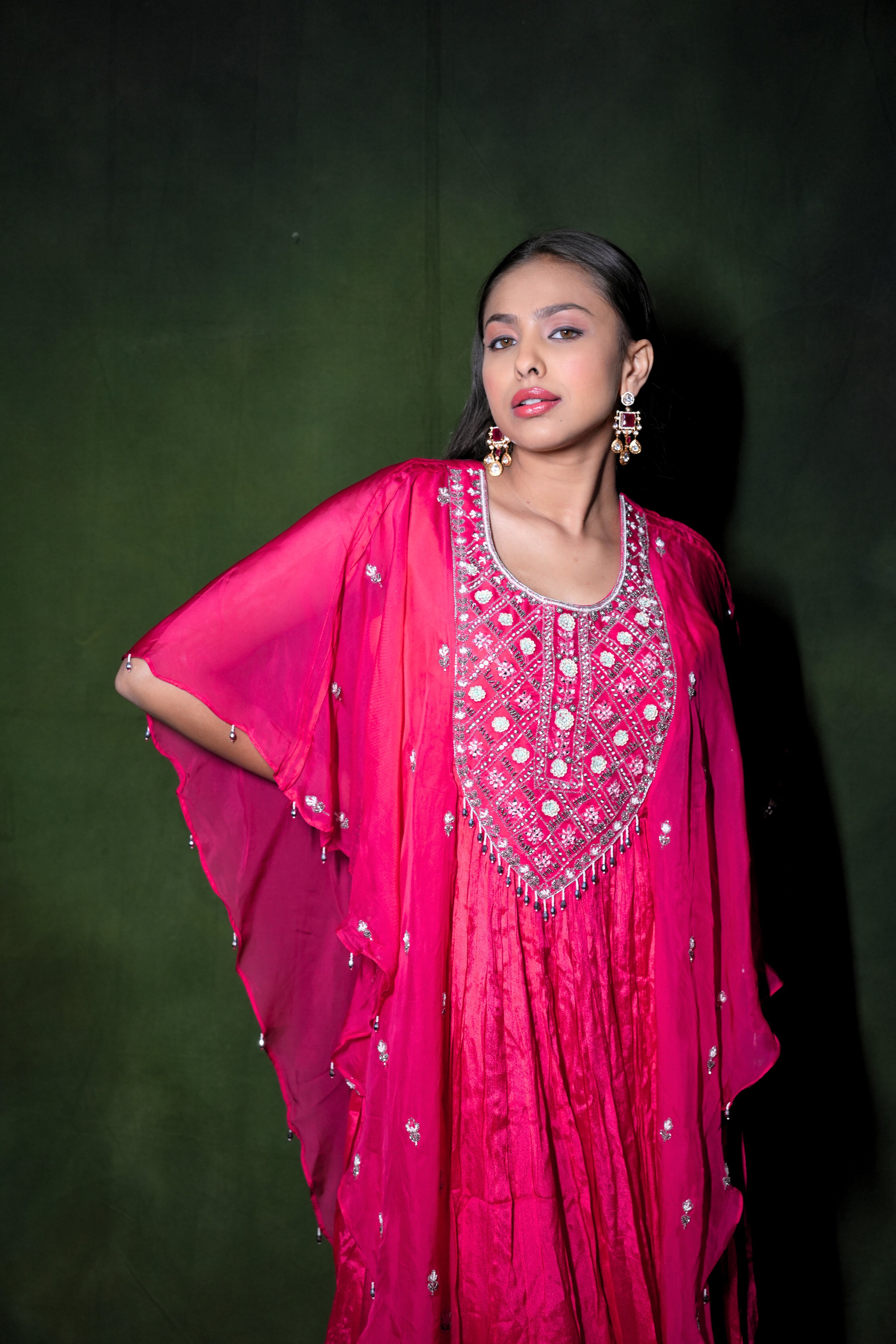 Pink Embellished Pure Chiffon Kaftan Dress RAADVI
