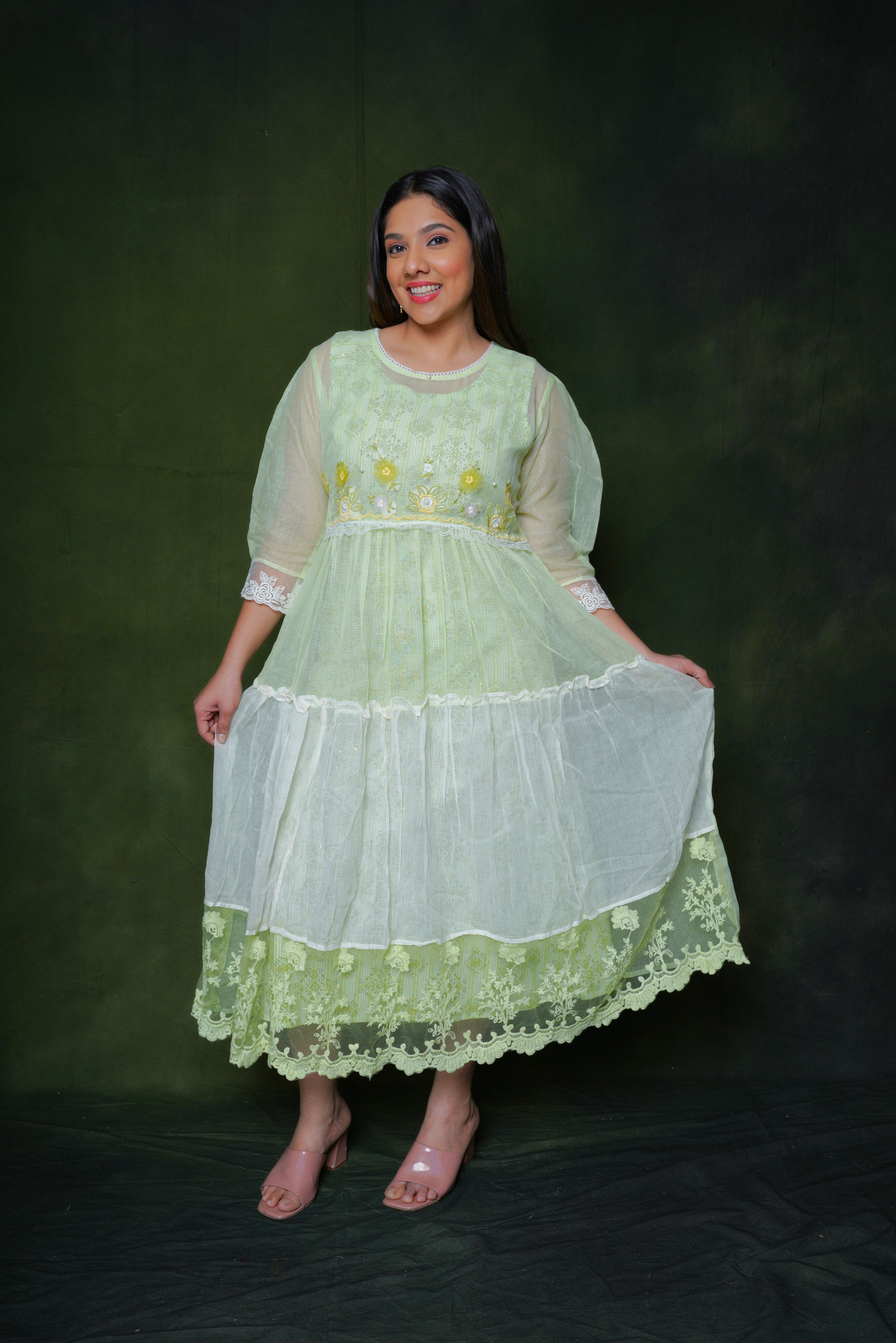 Green Kota Doria Lacy Dress RAADVI