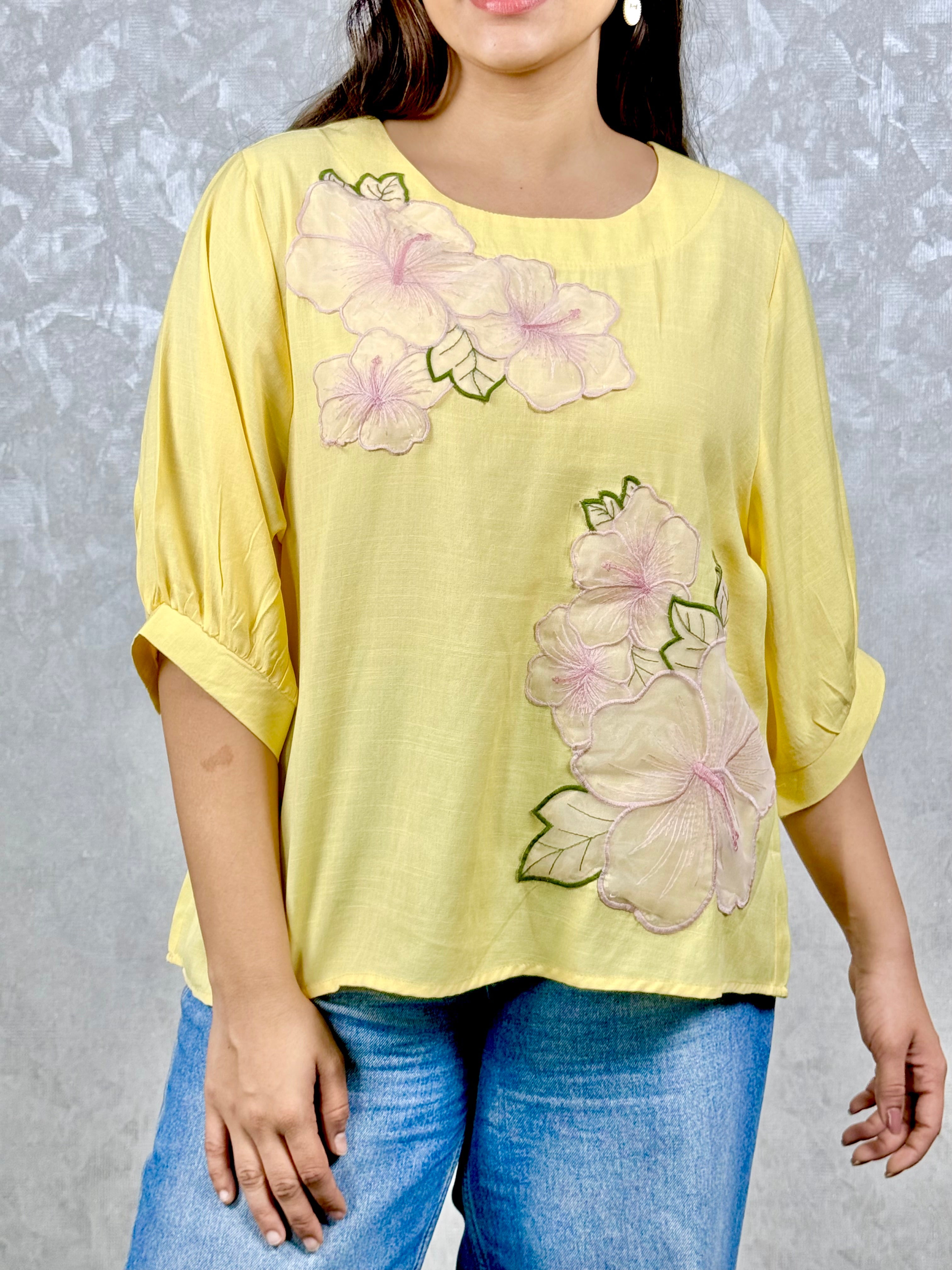 Yellow Muslin Top - Applique Work RAADVI