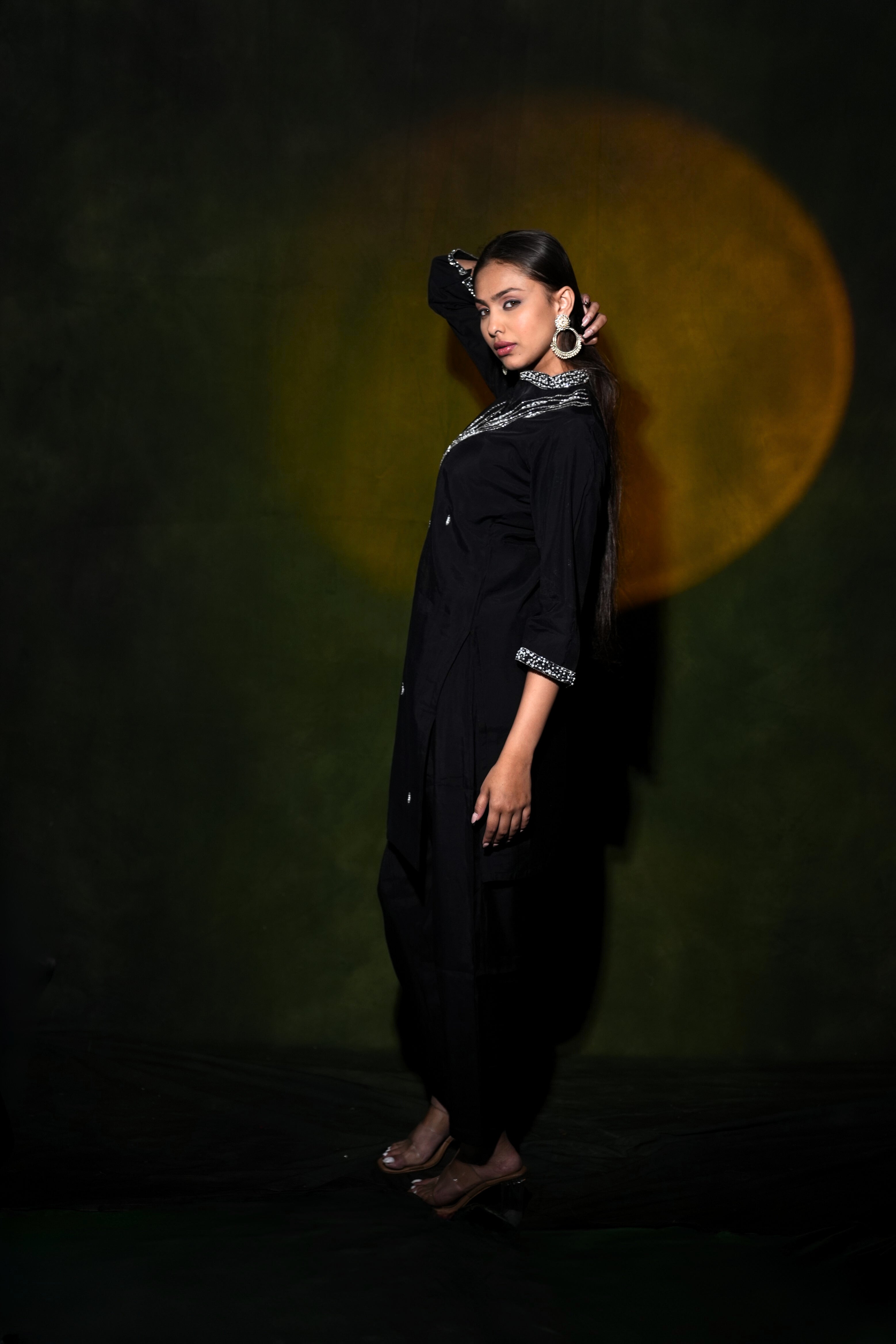 Black Embellished Roman Silk Co-Ord Set RAADVI