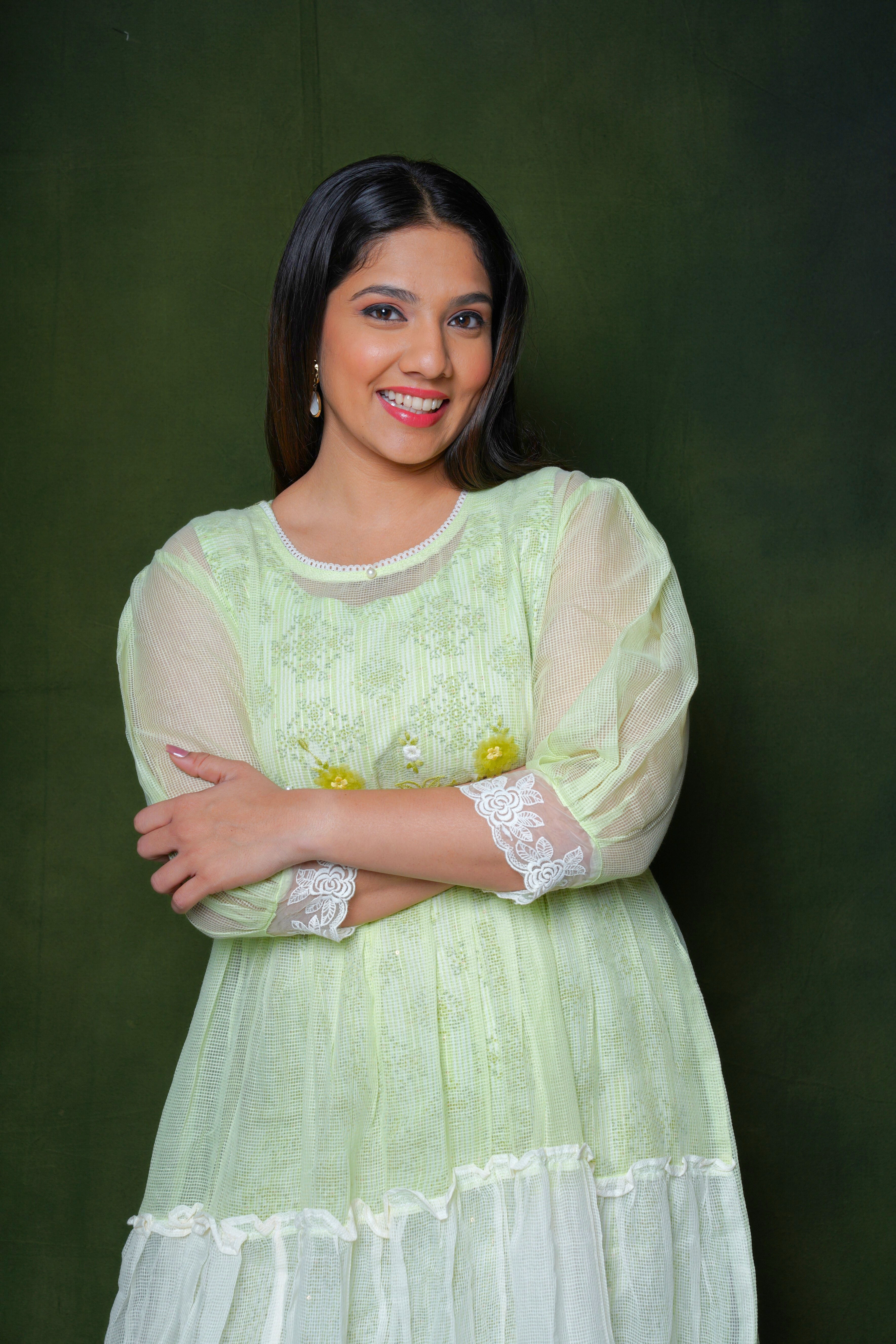 Green Kota Doria Lacy Dress RAADVI