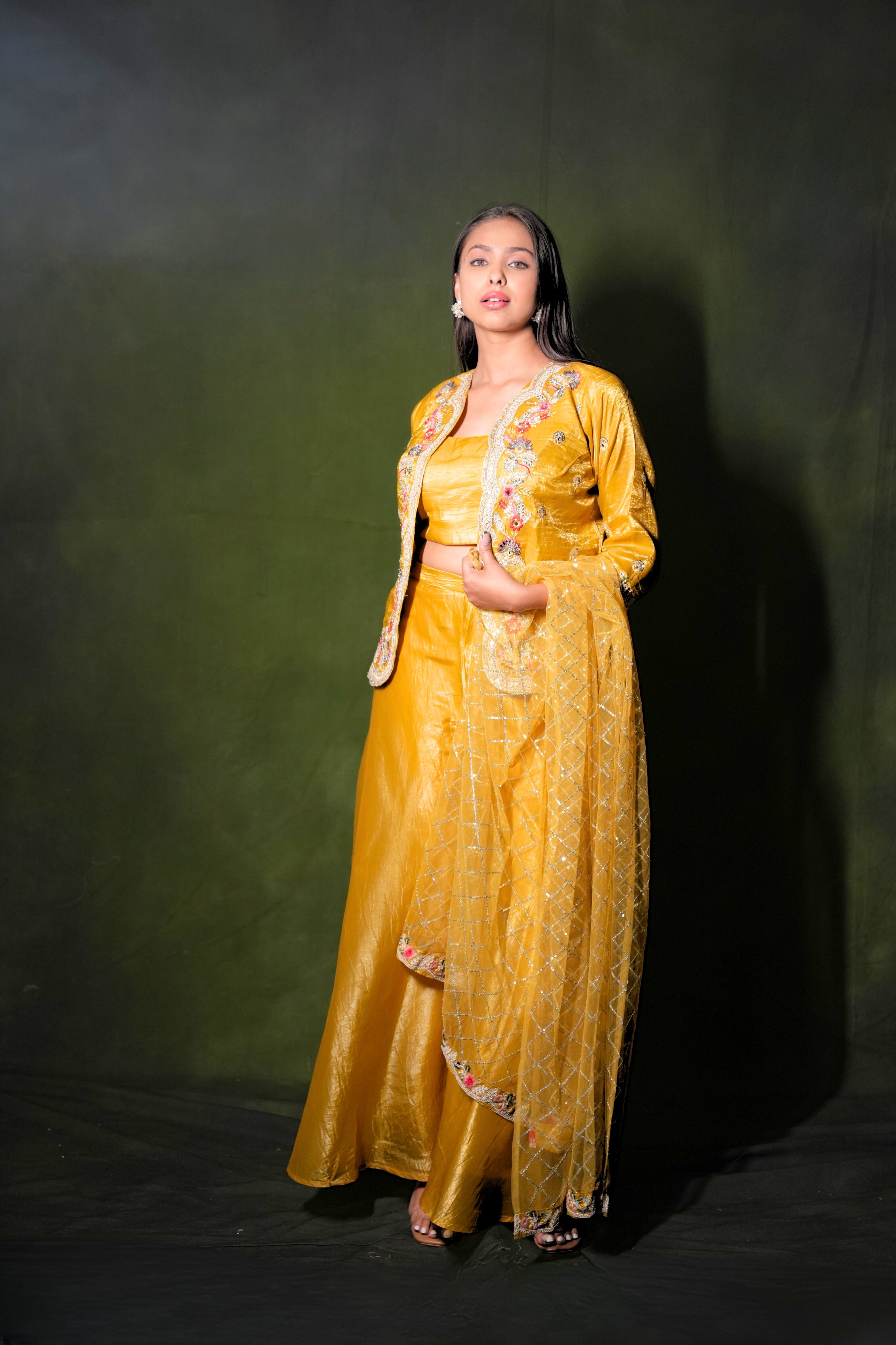 Embellished Yellow Roman Silk Crop Top Palazzo Set RAADVI