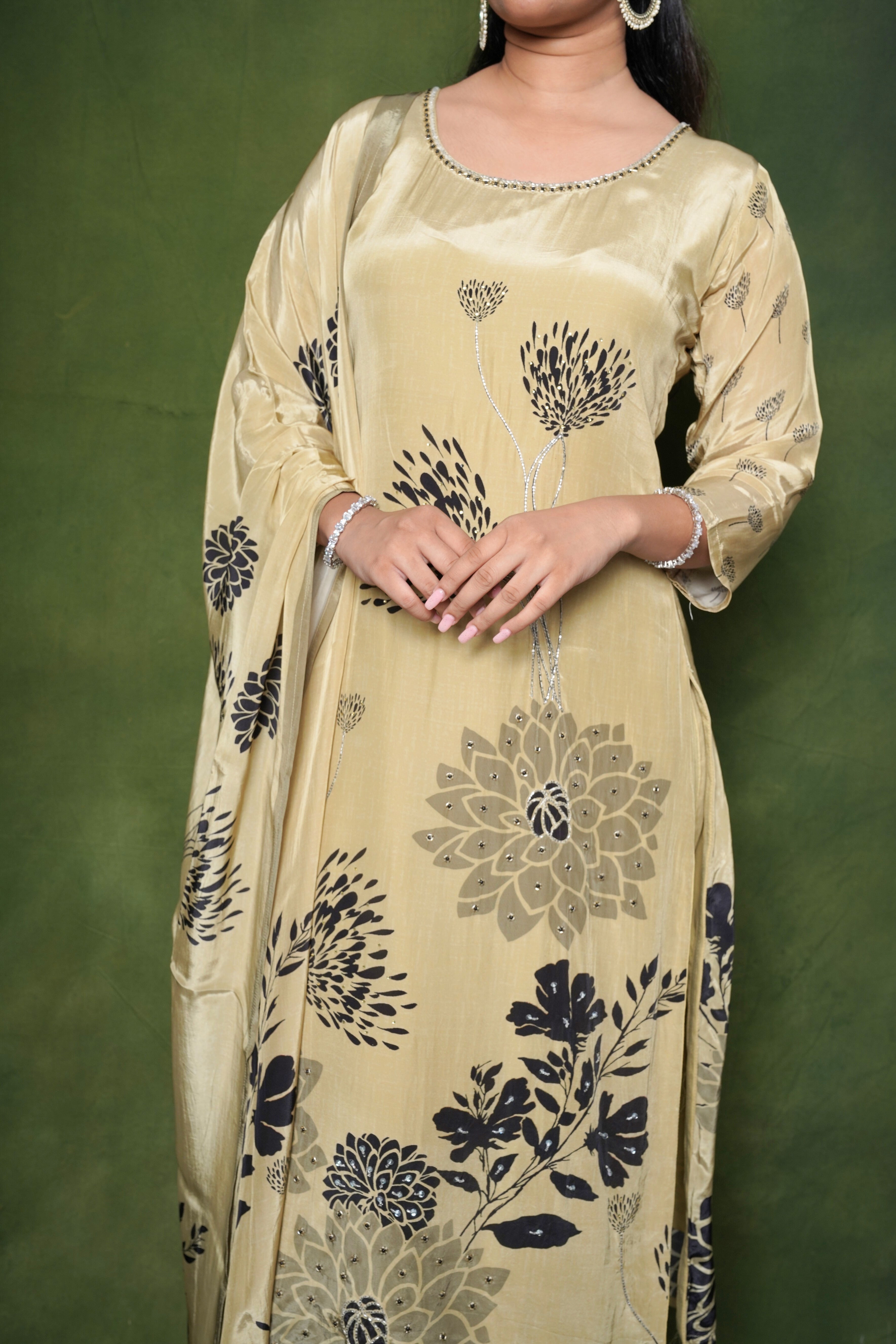 Olive Green Pure Silk Suit Set RAADVI