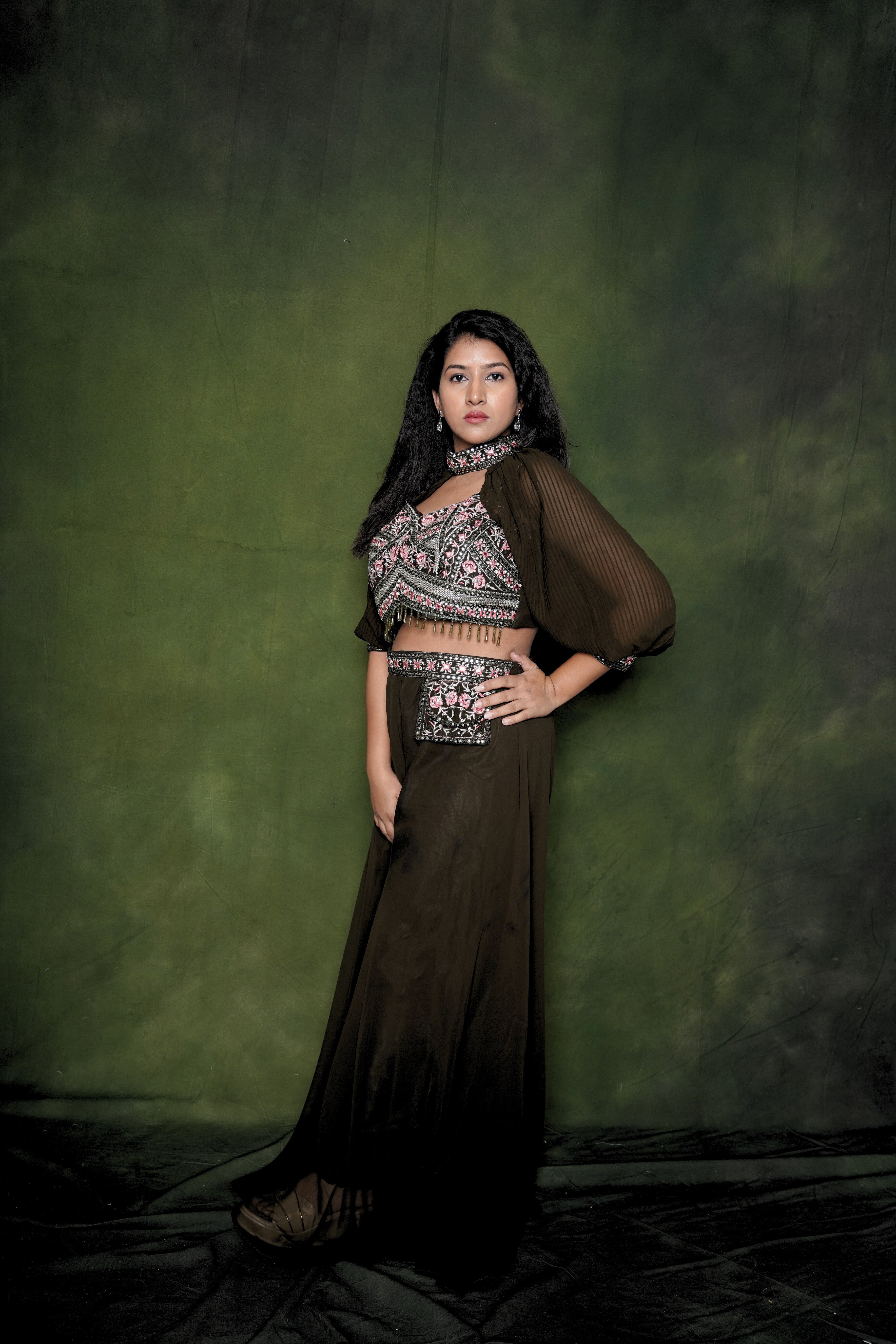 Olive Green Georgette Crop Top Palazzo RAADVI