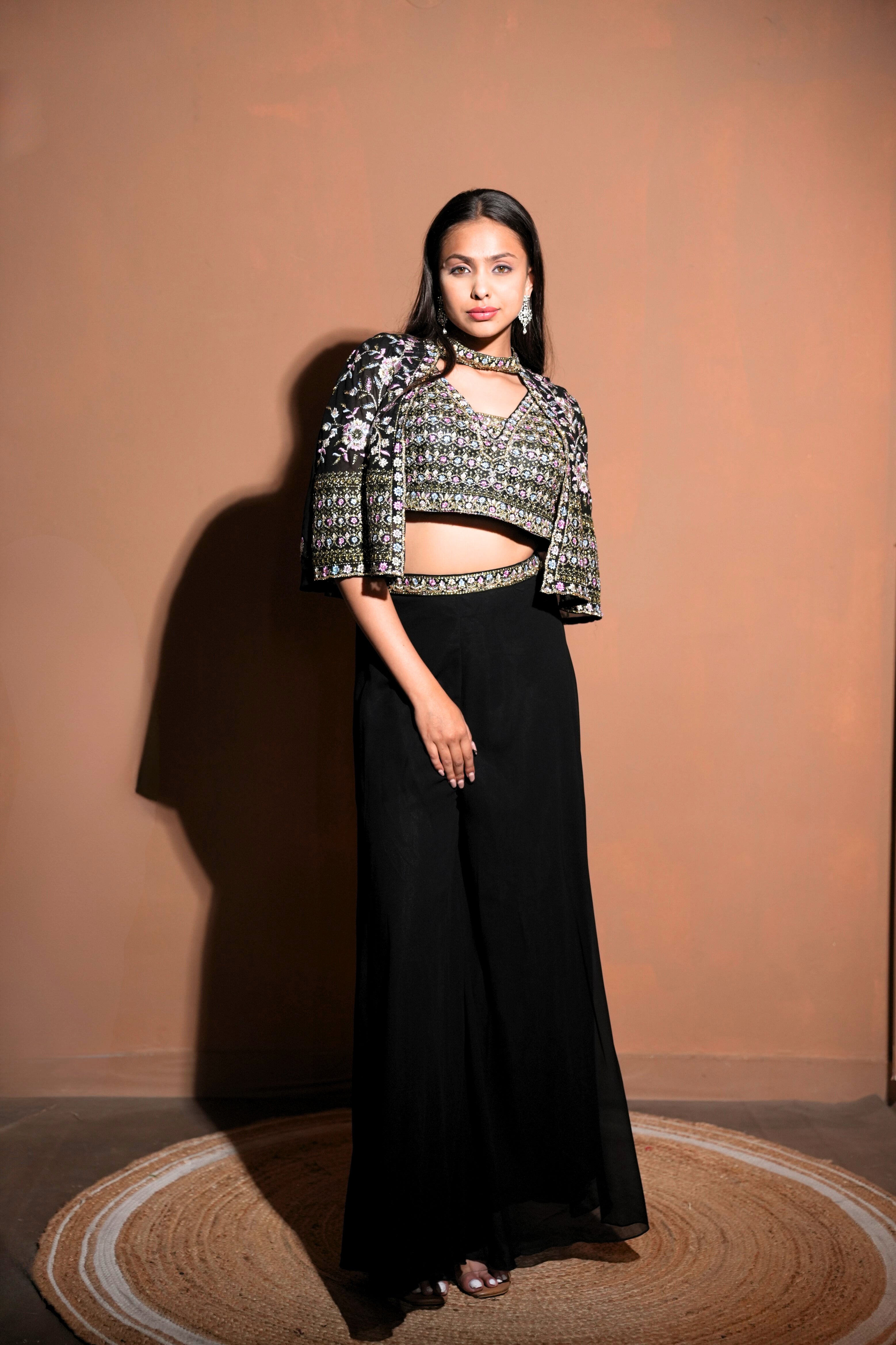 Embellished Black Crop Top Palazzo Set RAADVI