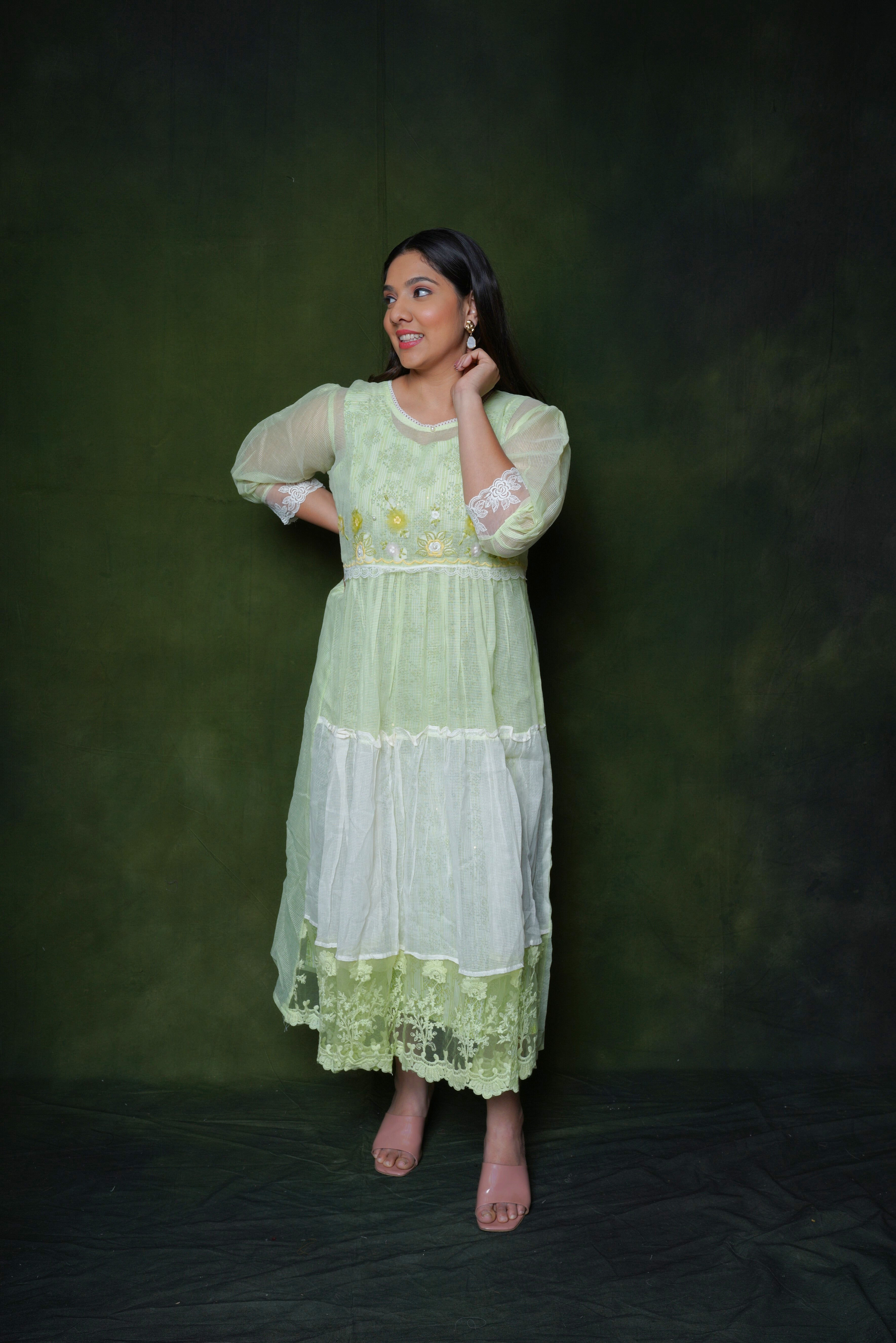 Green Kota Doria Lacy Dress RAADVI
