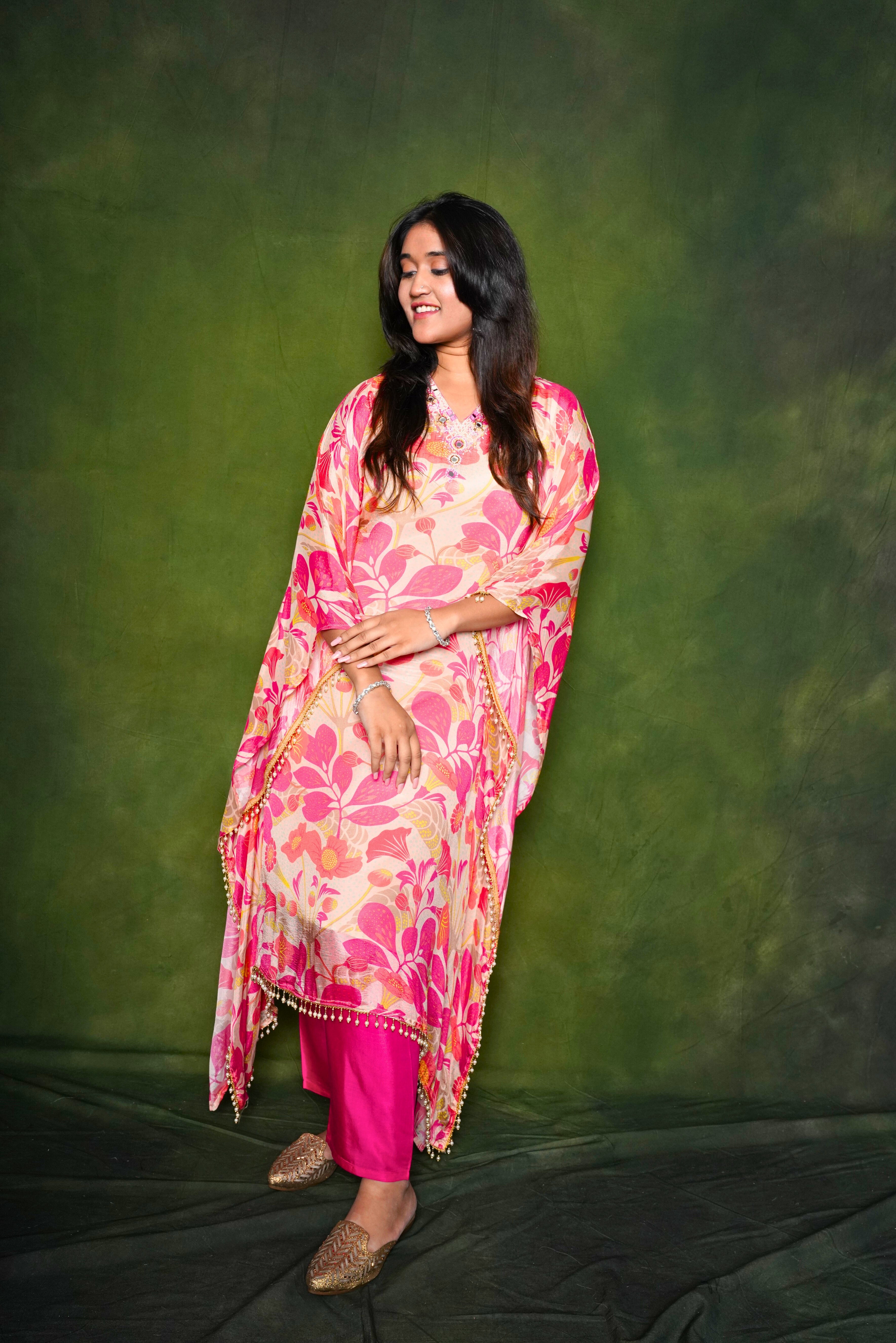 Peach Pure Crepe Embellished Kaftan Set RAADVI