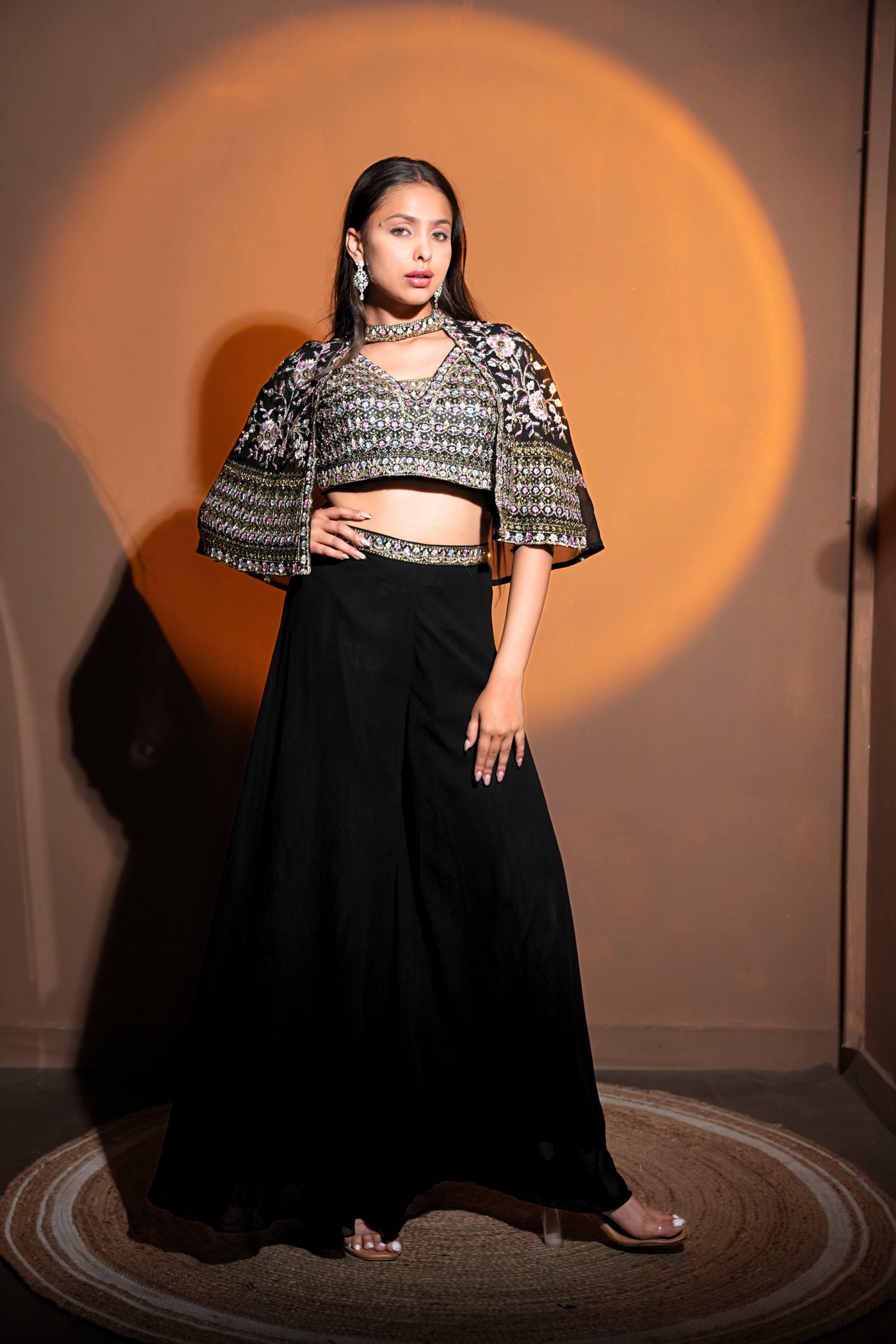 Embellished Black Crop Top Palazzo Set RAADVI
