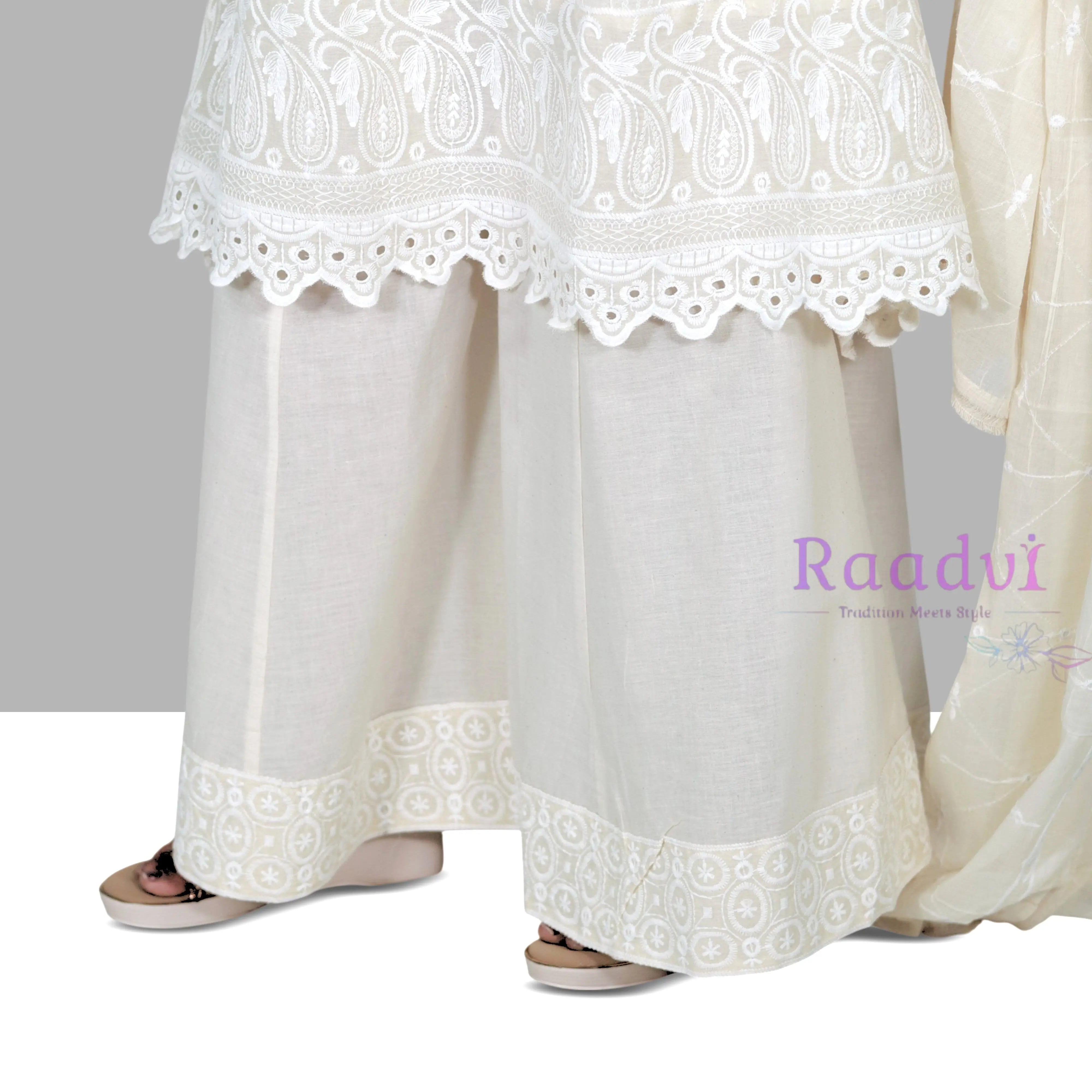 Embellished White Pure Cotton Kurta Palazzo RAADVI