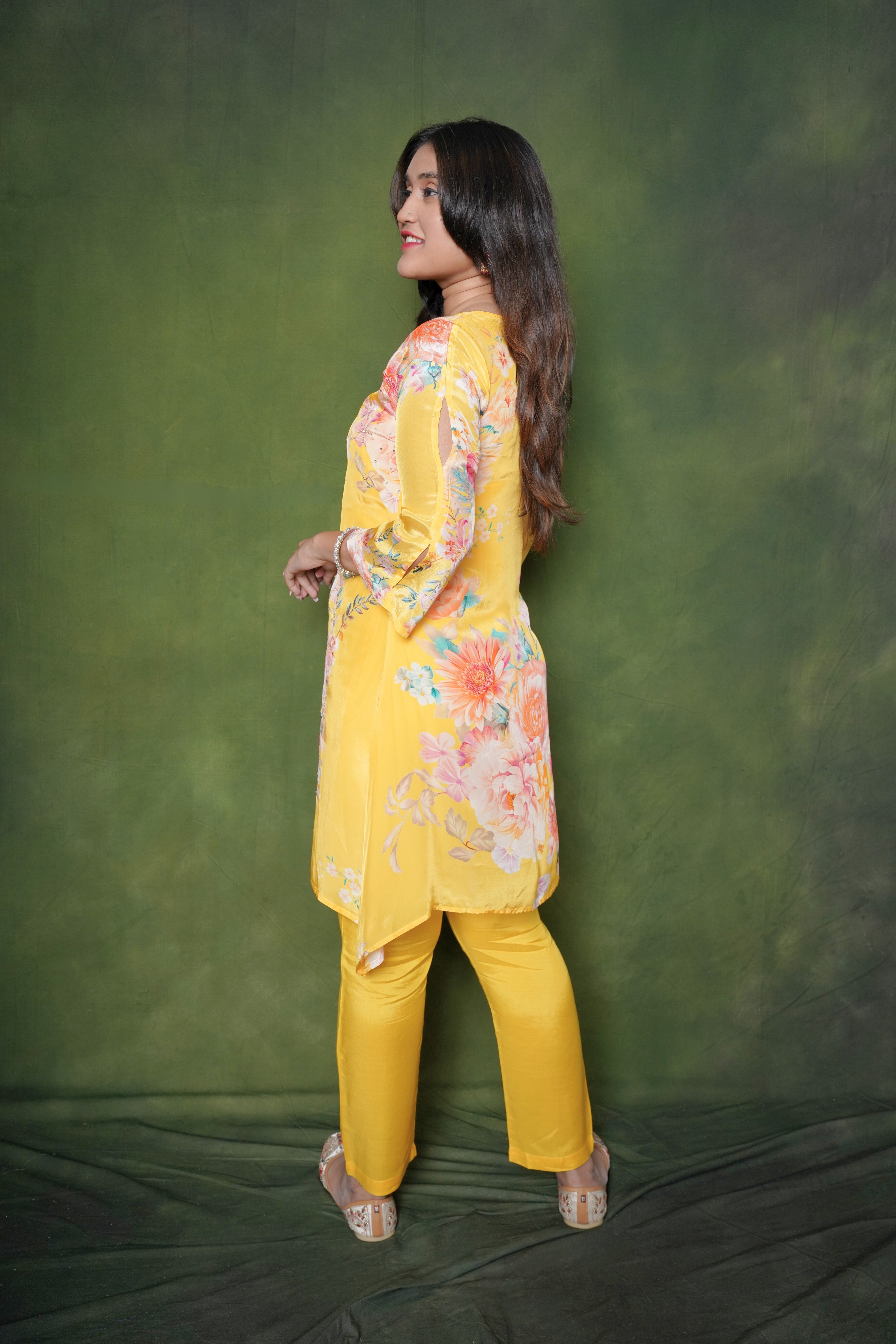 Yellow Pure Crepe Embellished Kurta Set RAADVI