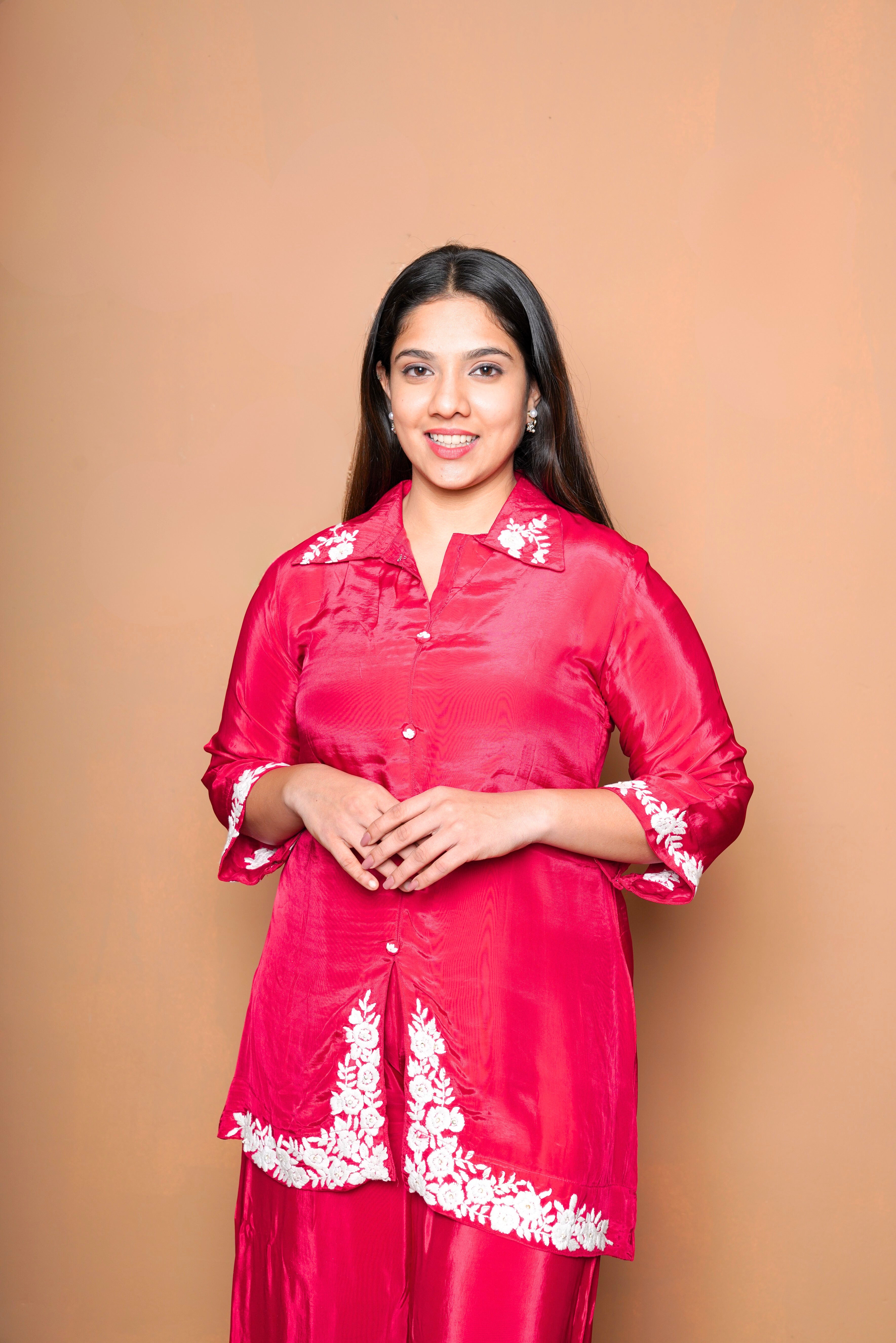Embroidered Red Pure Chinnon Co-Ord Set RAADVI