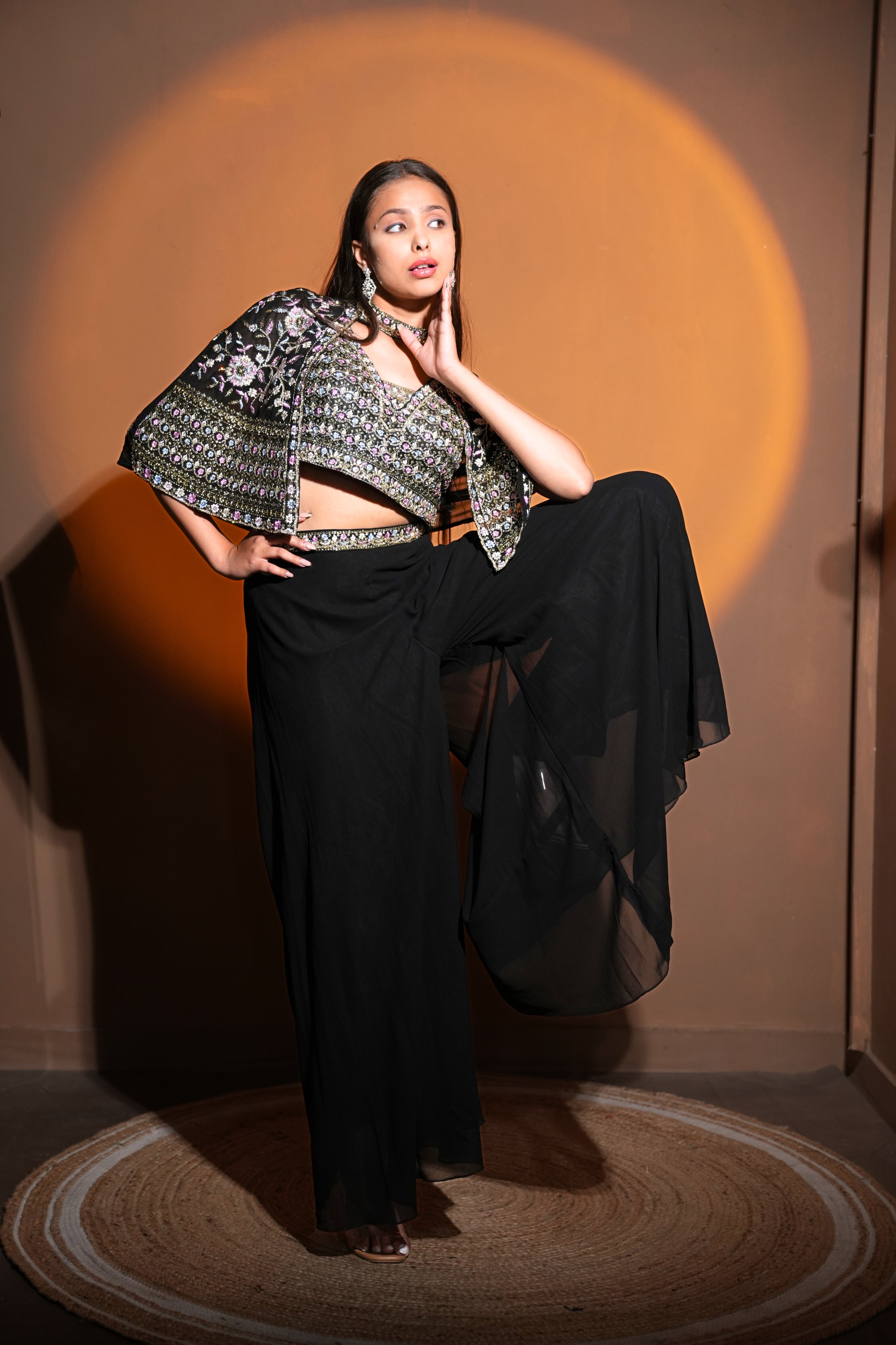 Embellished Black Crop Top Palazzo Set RAADVI