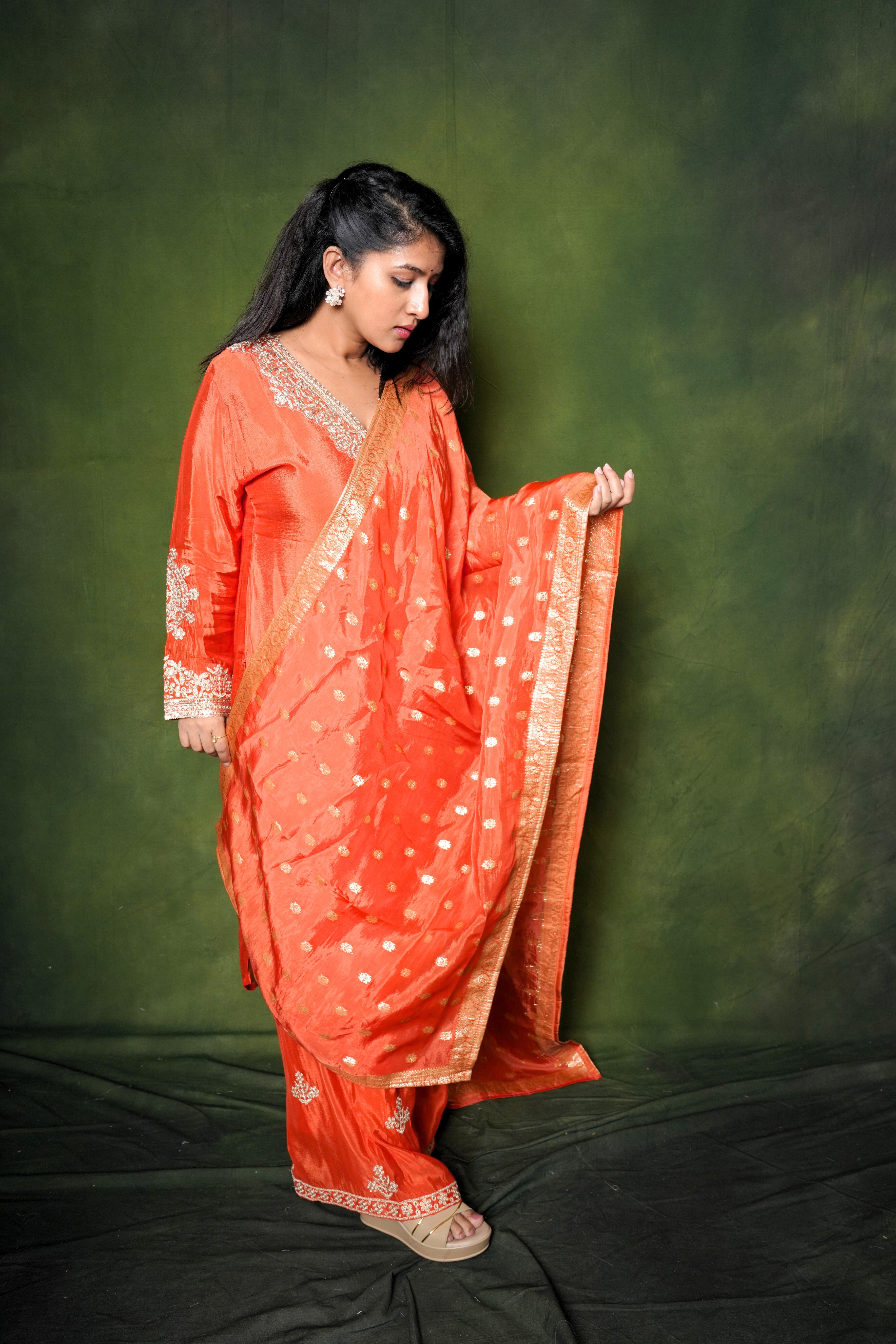 Embellished Orange Pure Georgette Suit Set RAADVI