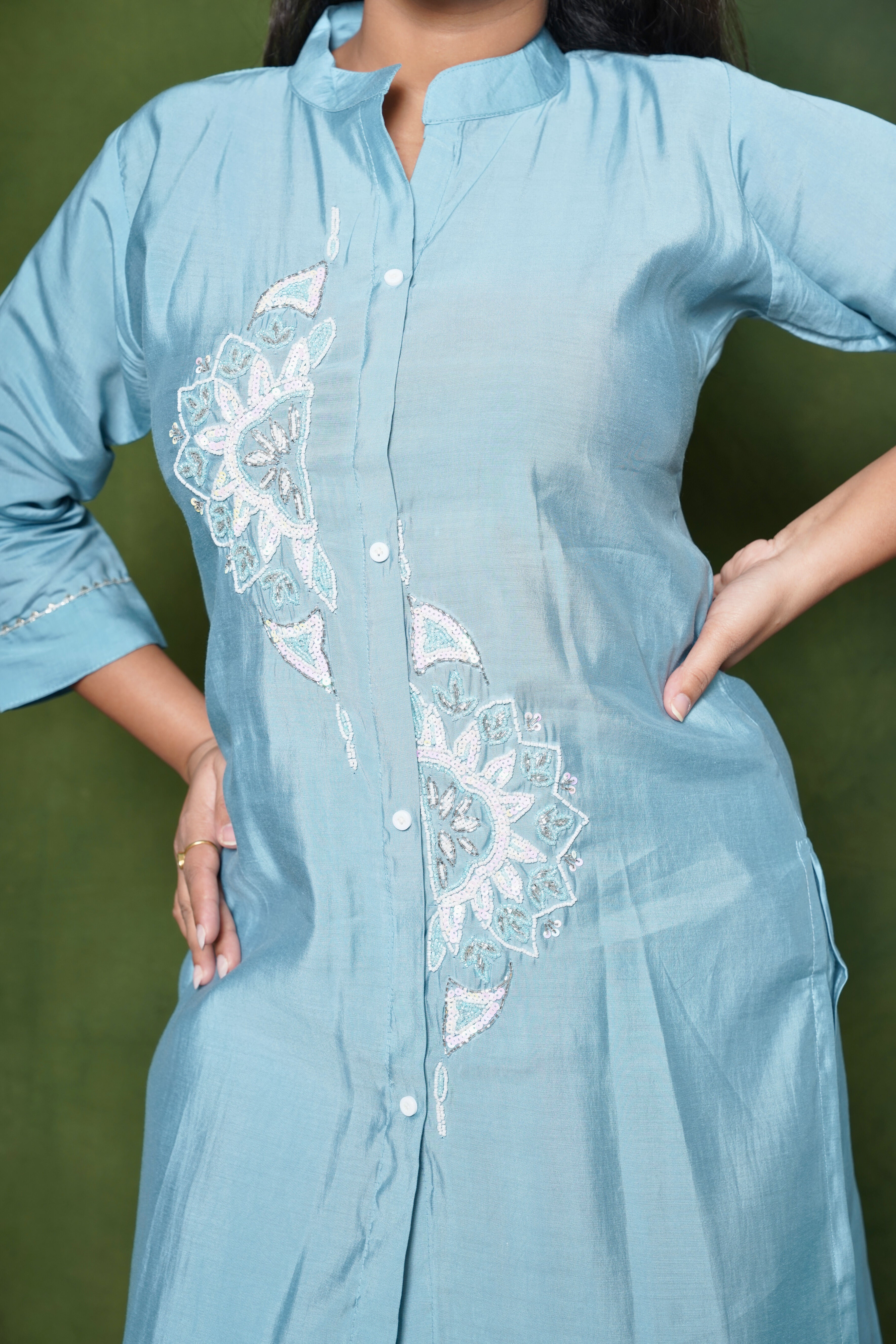 Embellished Blue Roman Silk Co-Ord RAADVI