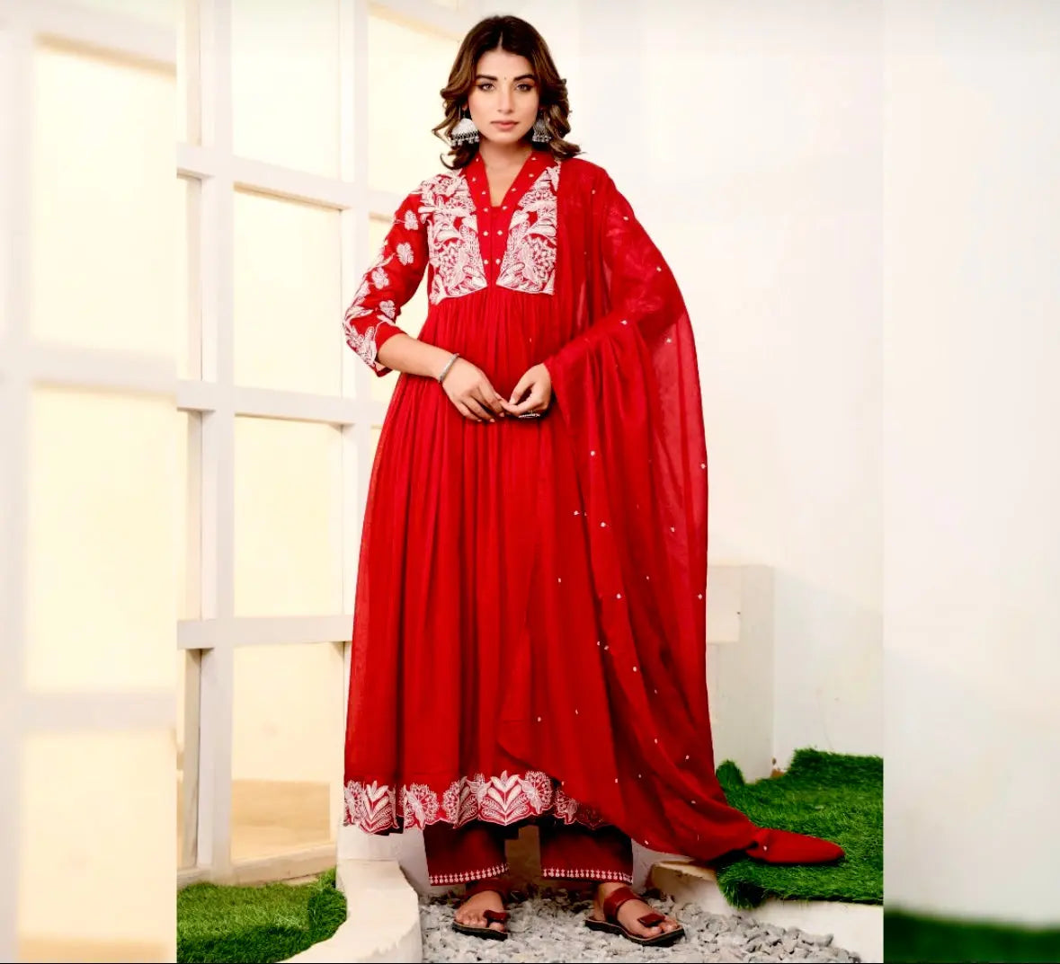 Red & Pink Embroidered Mul Cotton Suit Set RAADVI