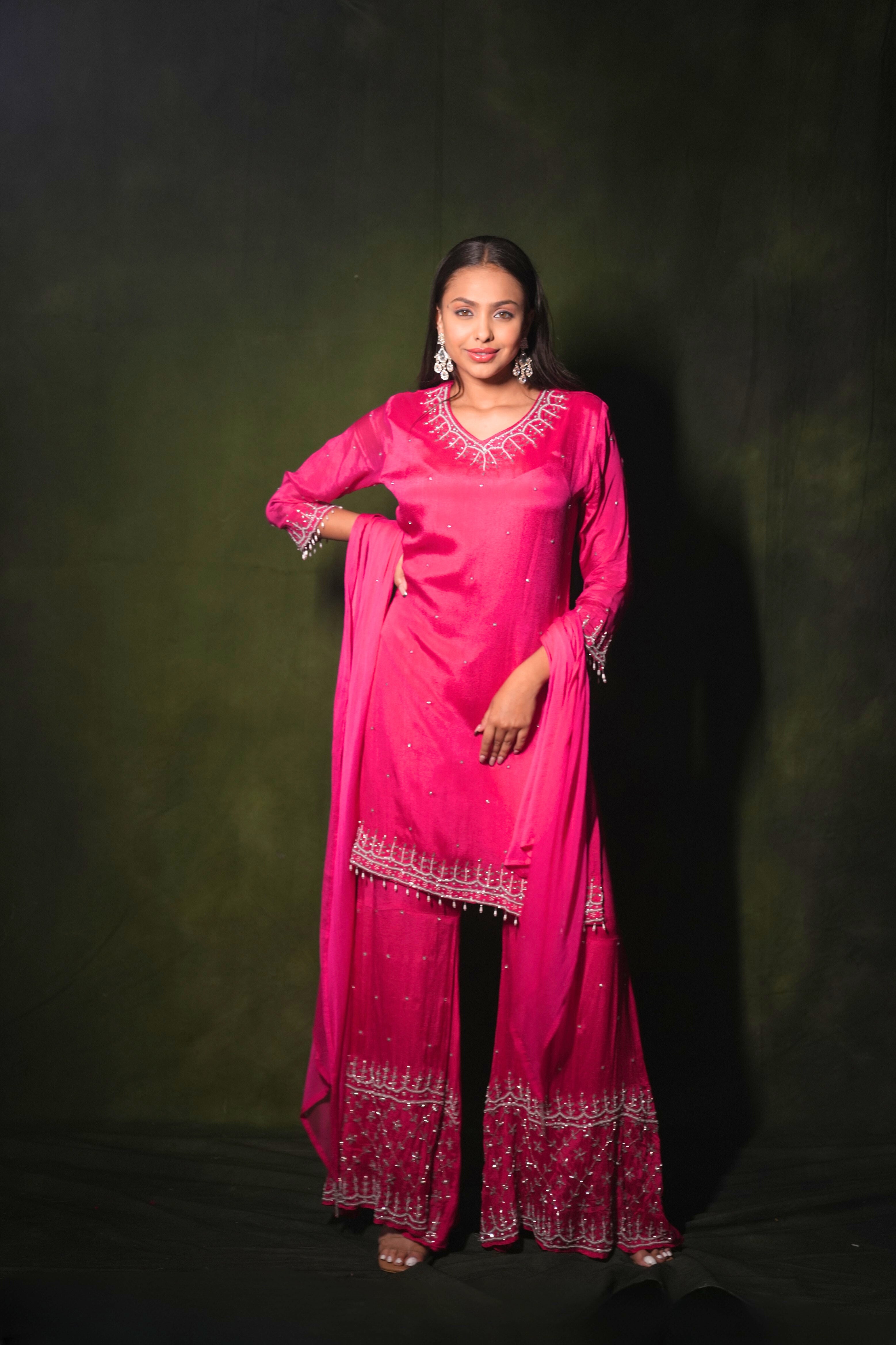 Embelished Pink Pure Chiffon Kurta Palazzo Suit RAADVI