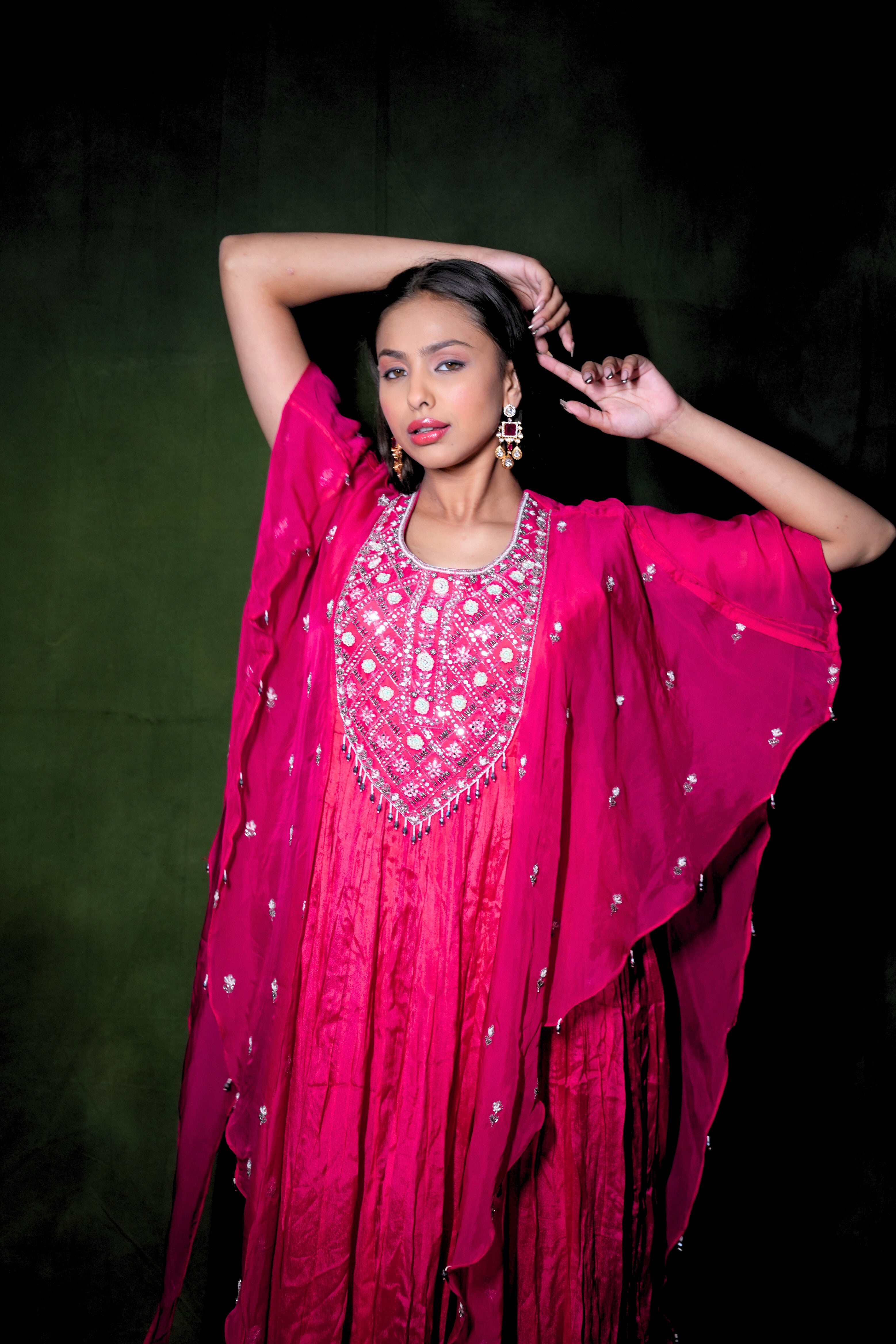Pink Embellished Pure Chiffon Kaftan Dress RAADVI