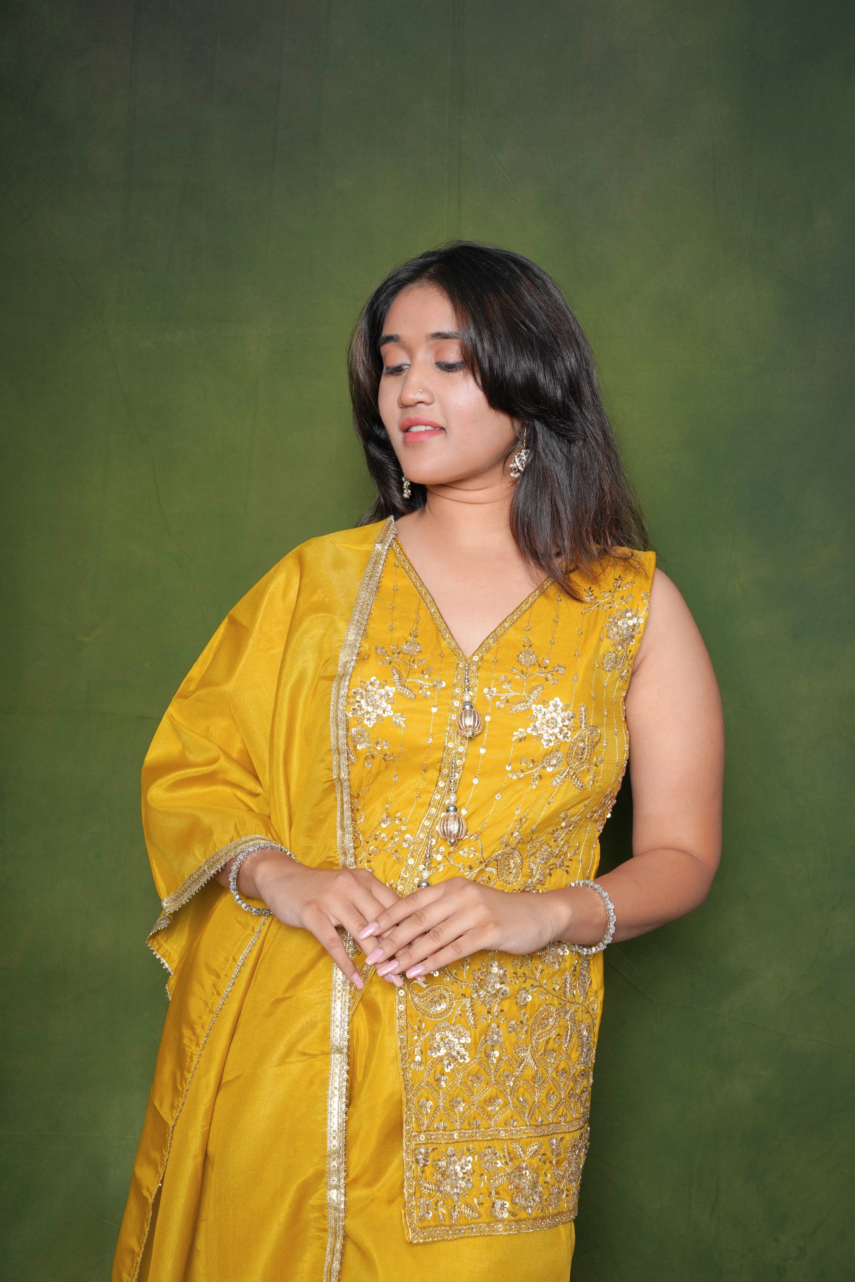 Embroidered Yellow Palazzo Suit Set - RAADVI