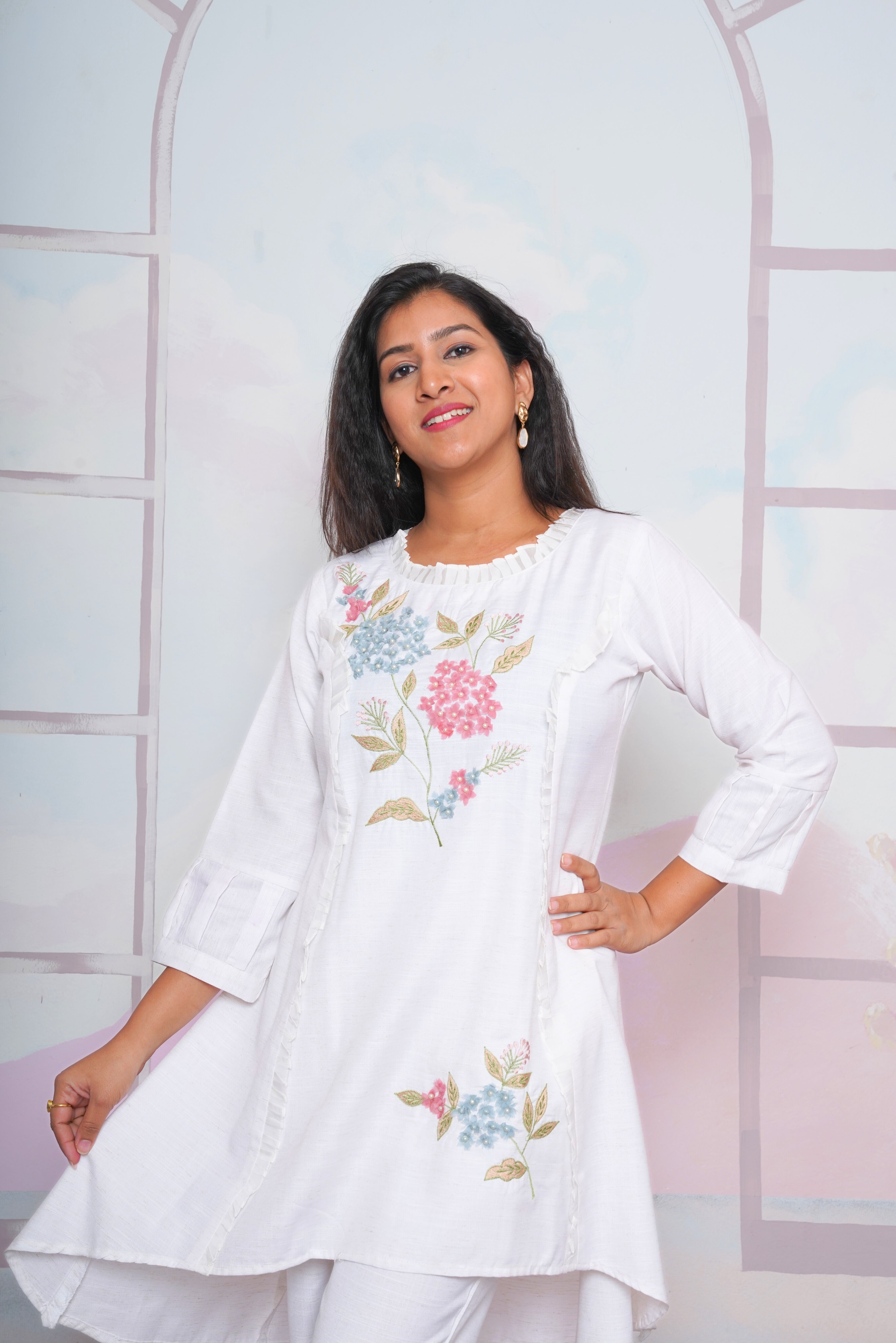 White Khadi Cotton Floral Embroidery Kurta Set RAADVI