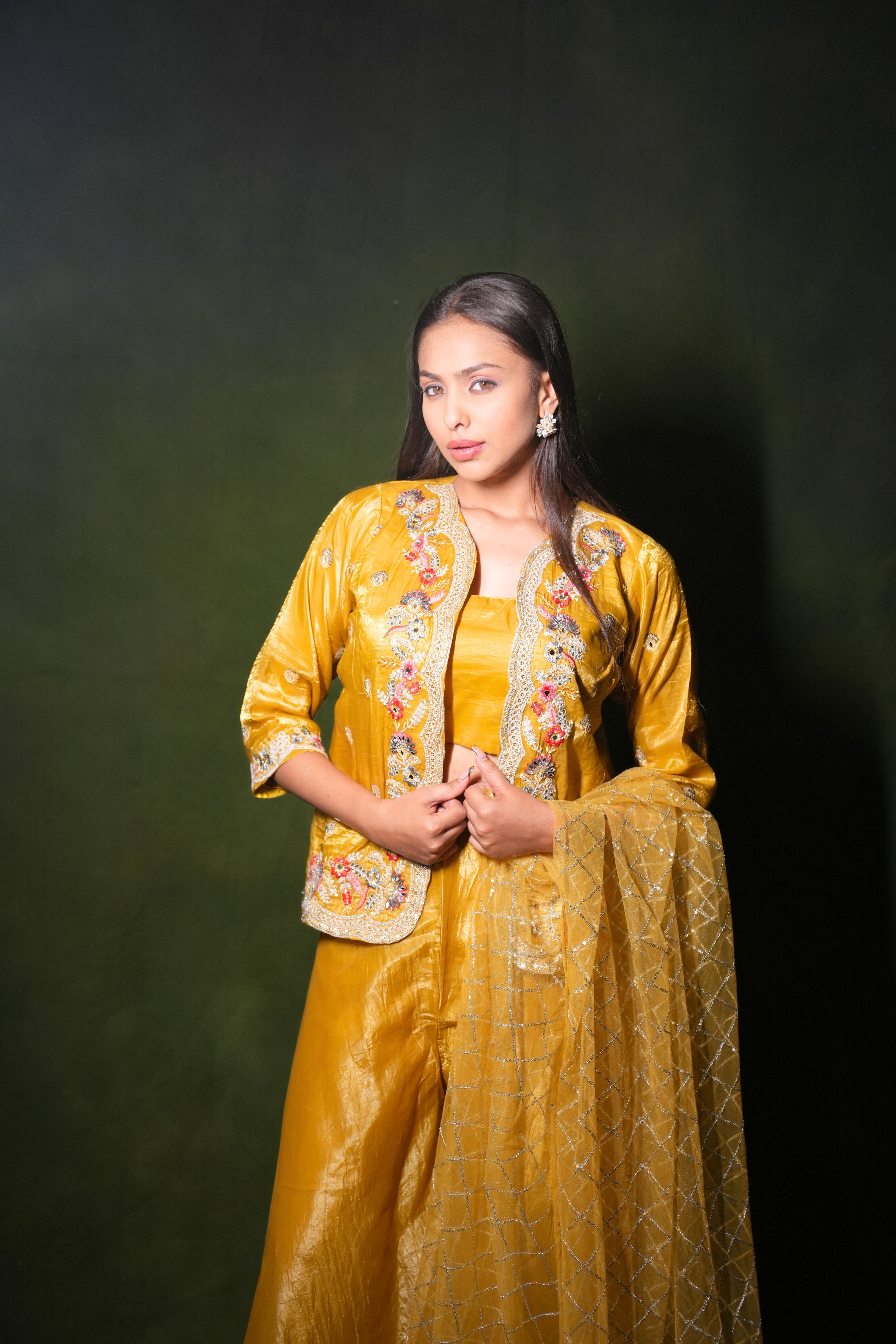 Embellished Yellow Roman Silk Crop Top Palazzo Set RAADVI
