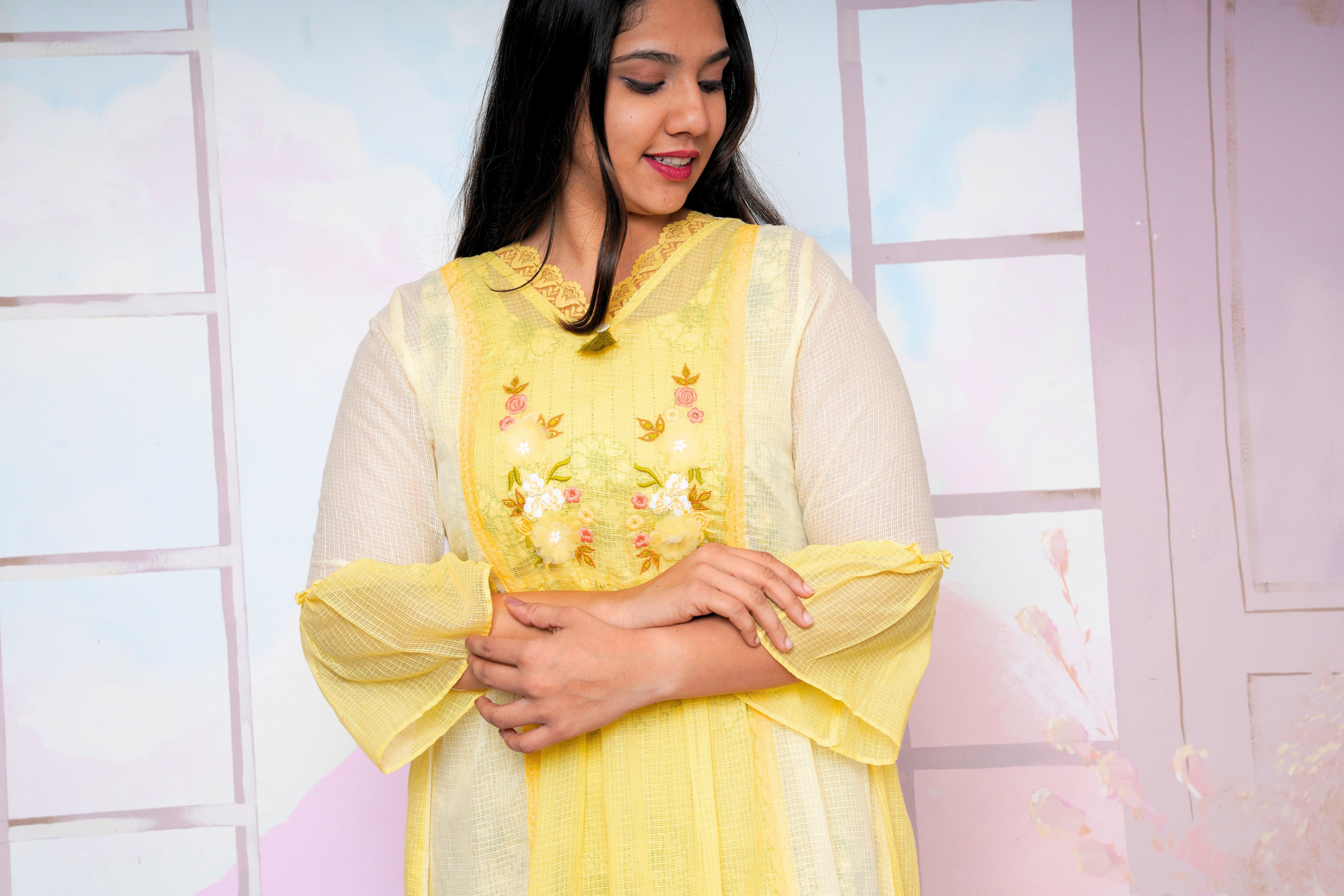 Yellow Kota Doria Lacy Dress RAADVI