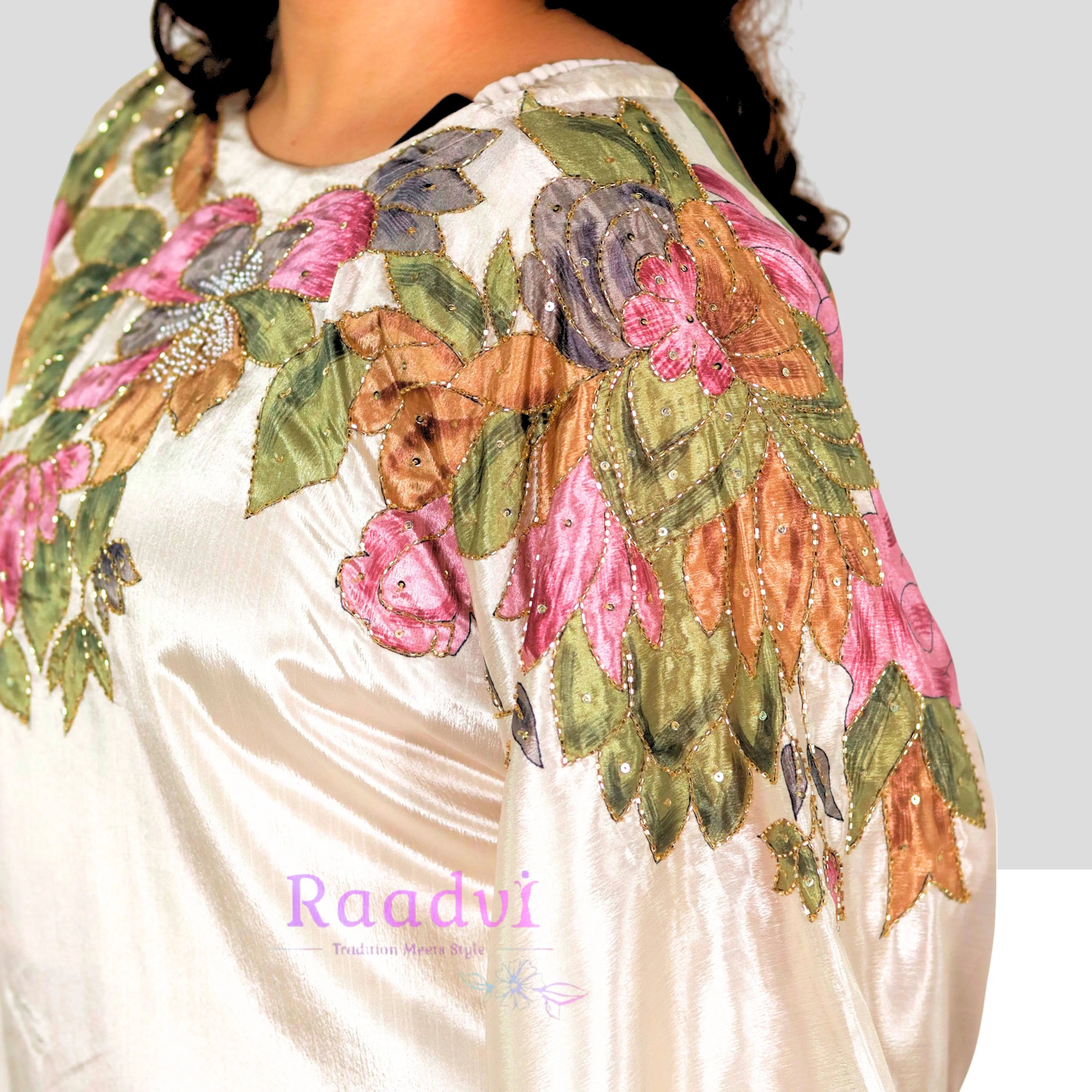 Floral Embellished Cream Crepe Kurta Set RAADVI