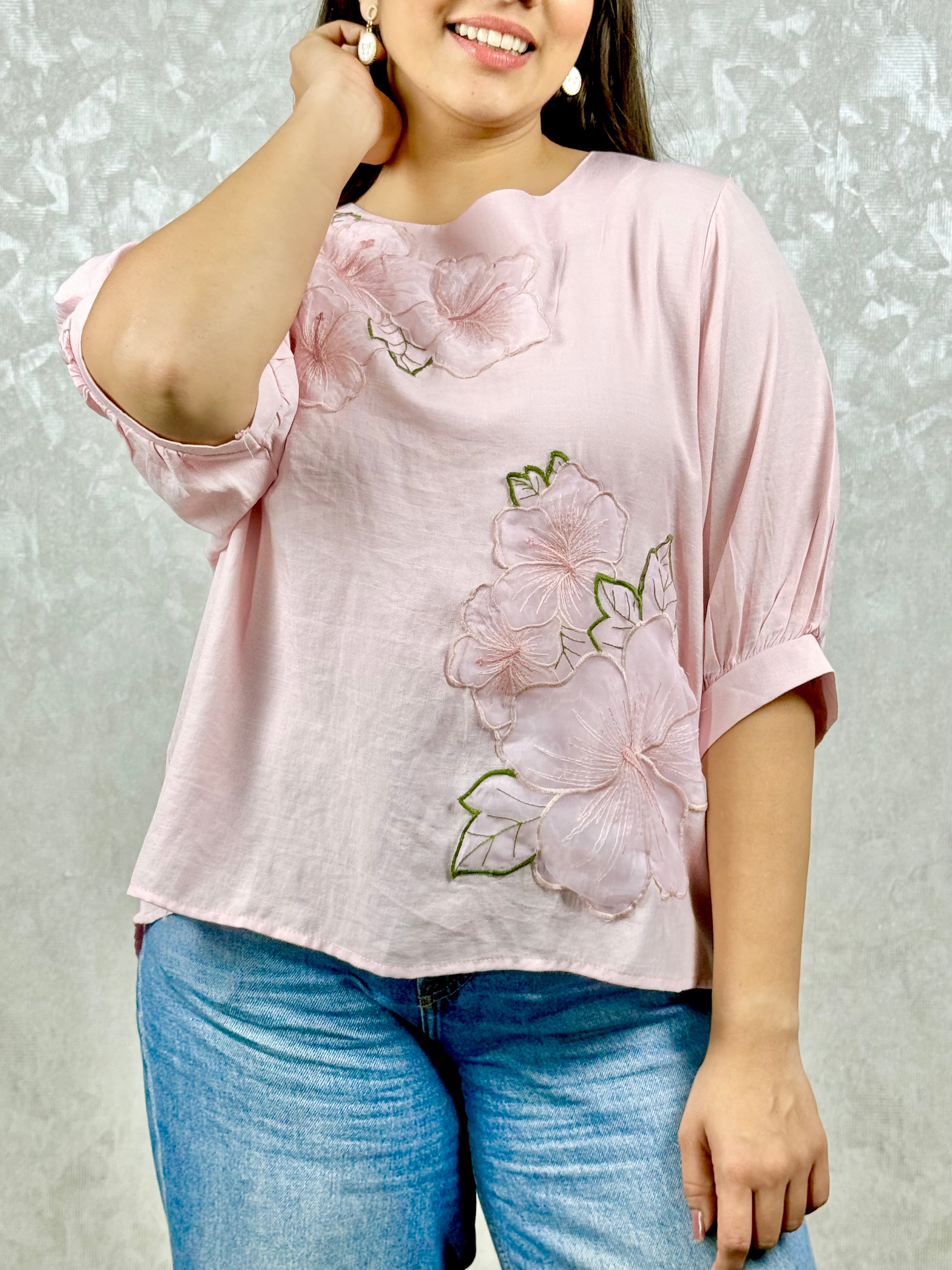 Baby Pink Muslin Top - Applique Work RAADVI
