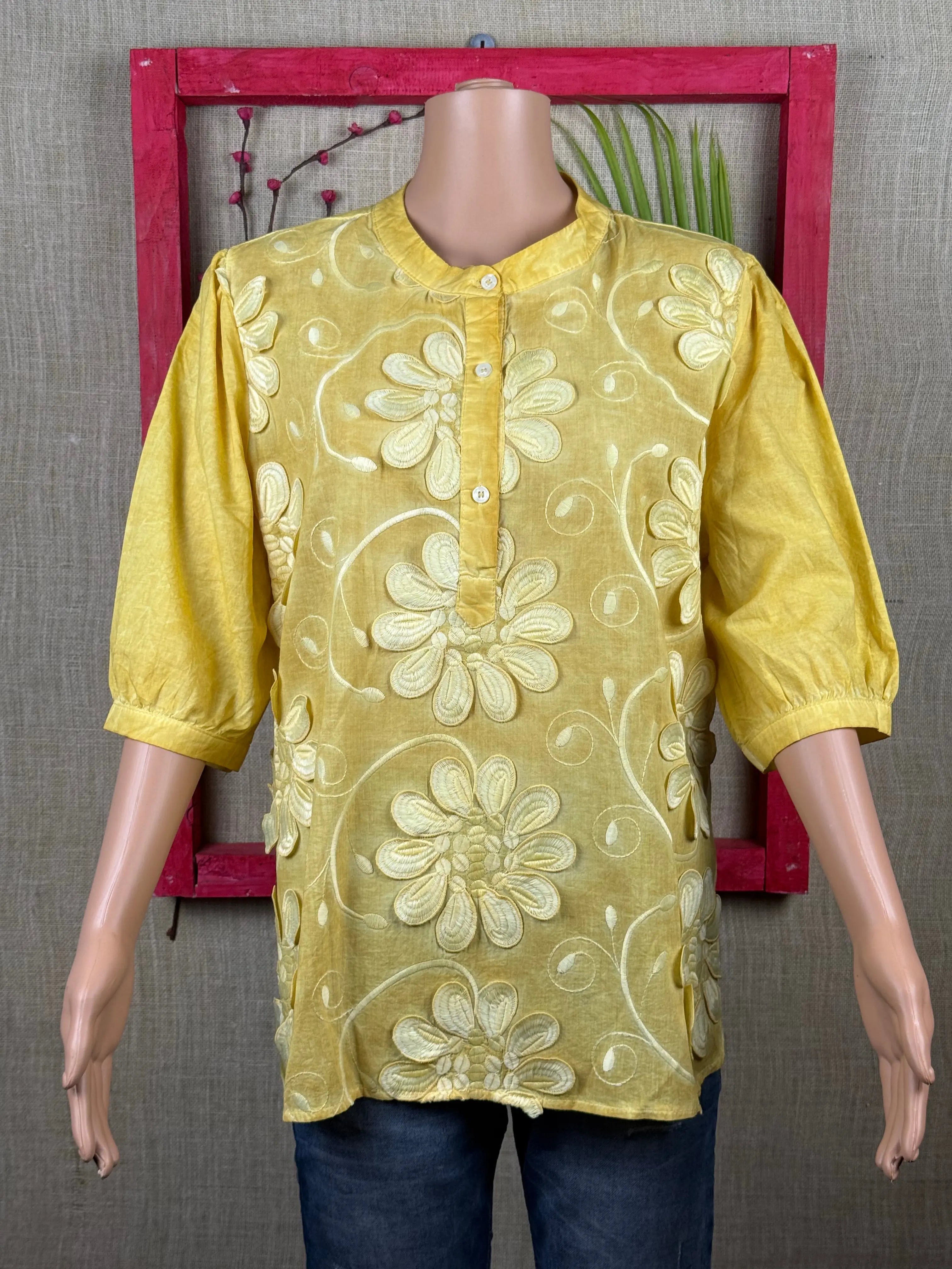 Yellow Floral Schiffli Top With Puff Sleeves RAADVI