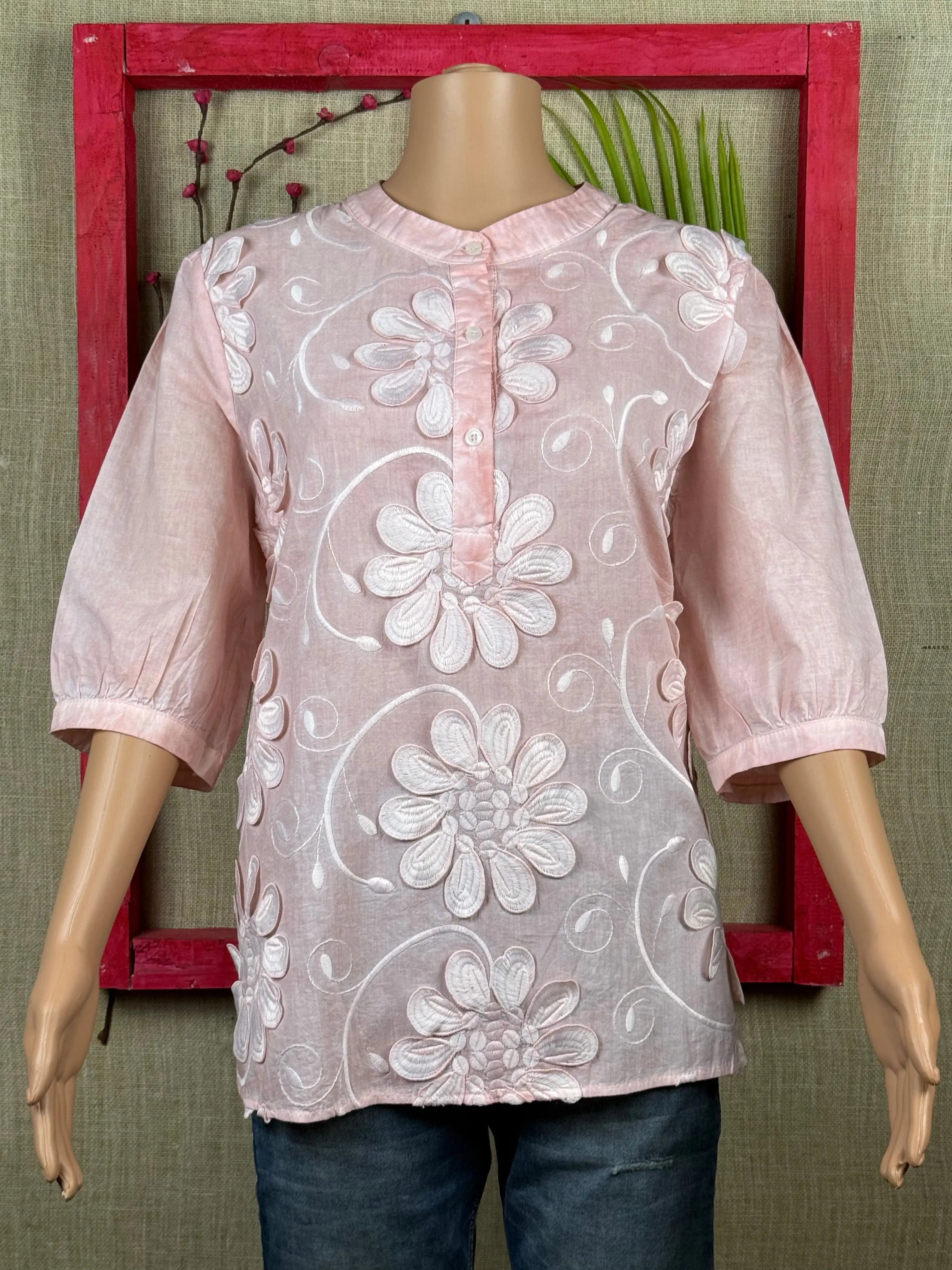 Pink Floral Schiffli Top With Puff Sleeves RAADVI